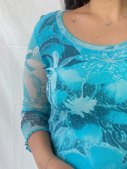 00s Per Una Blue Floral Graphic Women’s Long Sleeve Mesh Top - L - Balagan Vintage Full Sleeve Top 00s, Dina, mesh top, women top