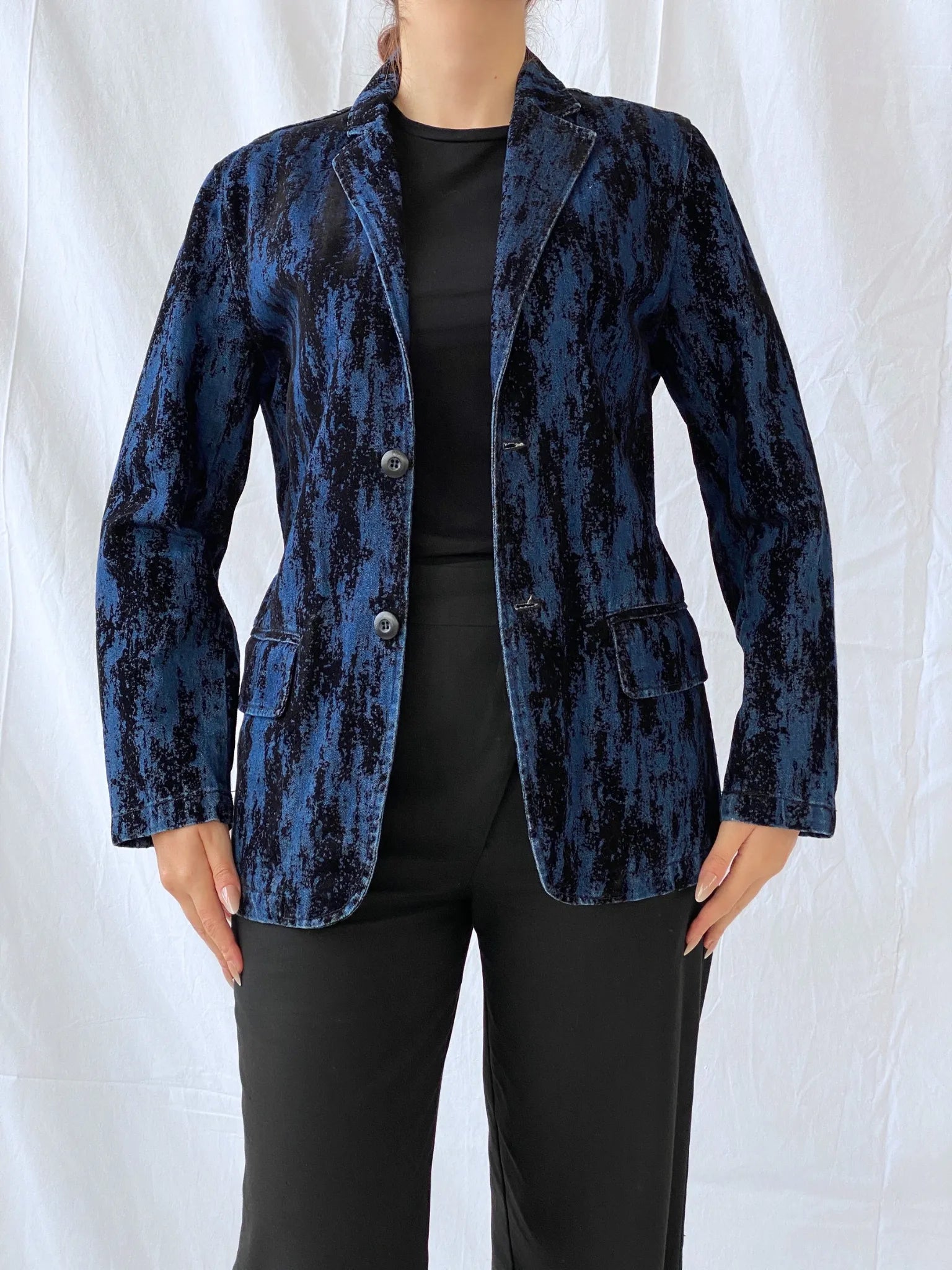 00s Two Percent Homme Dark Navy and Black Women’s Denim Blazer - S - Balagan Vintage Blazer 00s, Ayah, Coats&Jackets, denim, denim jacket, Women's Blazers, Women's Denim Jackets
