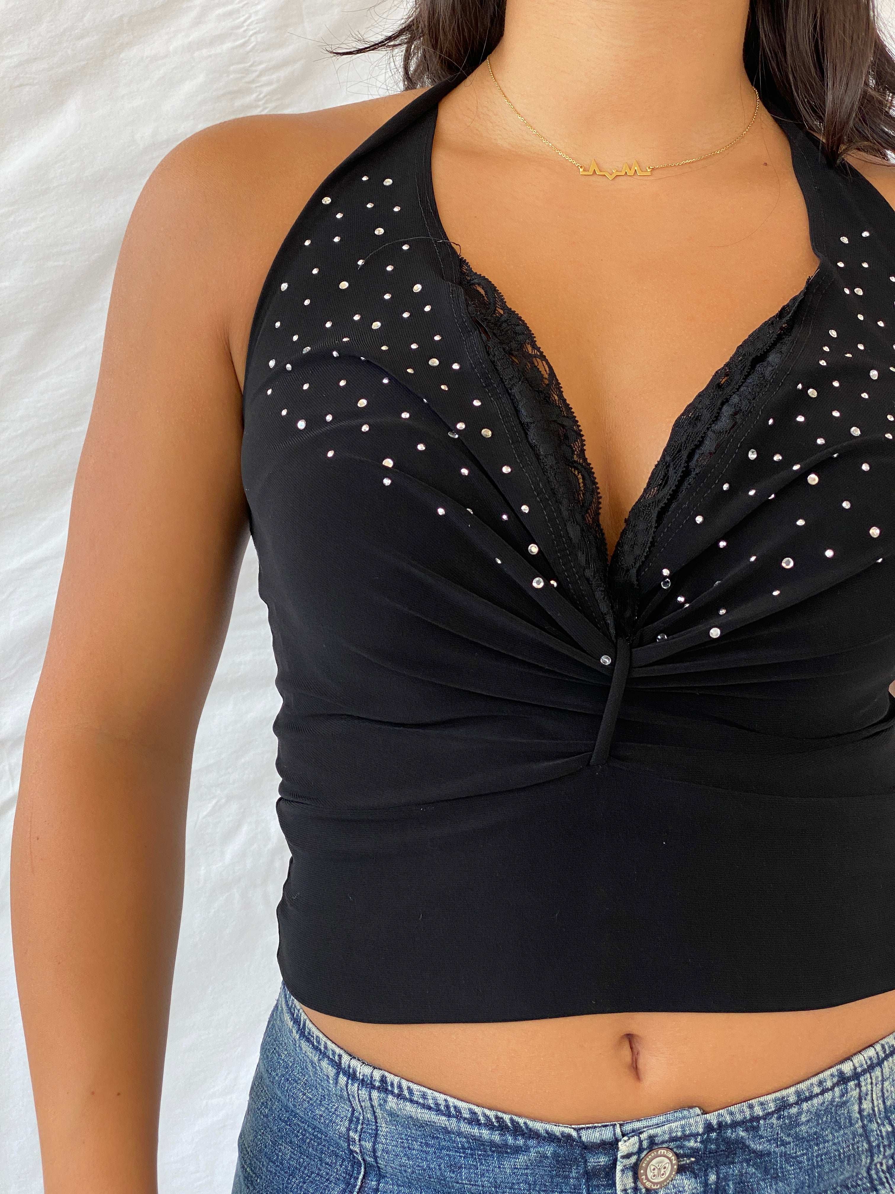 00s USA VIZIO Beaded Black Halter Top With Lace Details - S - Balagan Vintage Halter Top 00s, halter top, Lana, summer