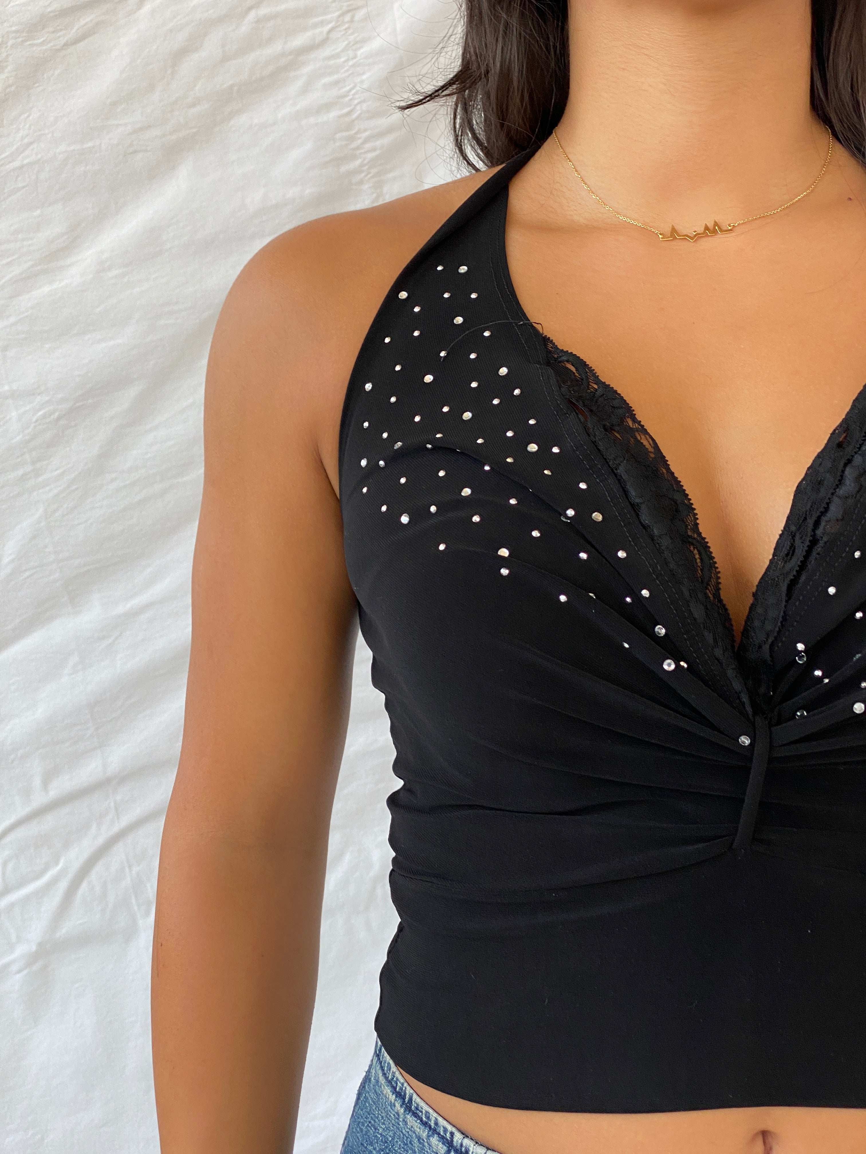 00s USA VIZIO Beaded Black Halter Top With Lace Details - S - Balagan Vintage Halter Top 00s, halter top, Lana, summer