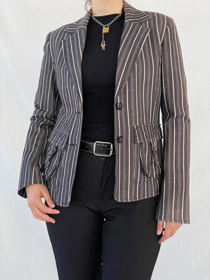 00s Vila Clothes Striped Black and White Women’s Cotton Blazer - L - Balagan Vintage Blazer Ayah, blazer, Coats&Jackets, Deals, full sleeve blazer, striped, vintage blazer, winter, Women's Blazers