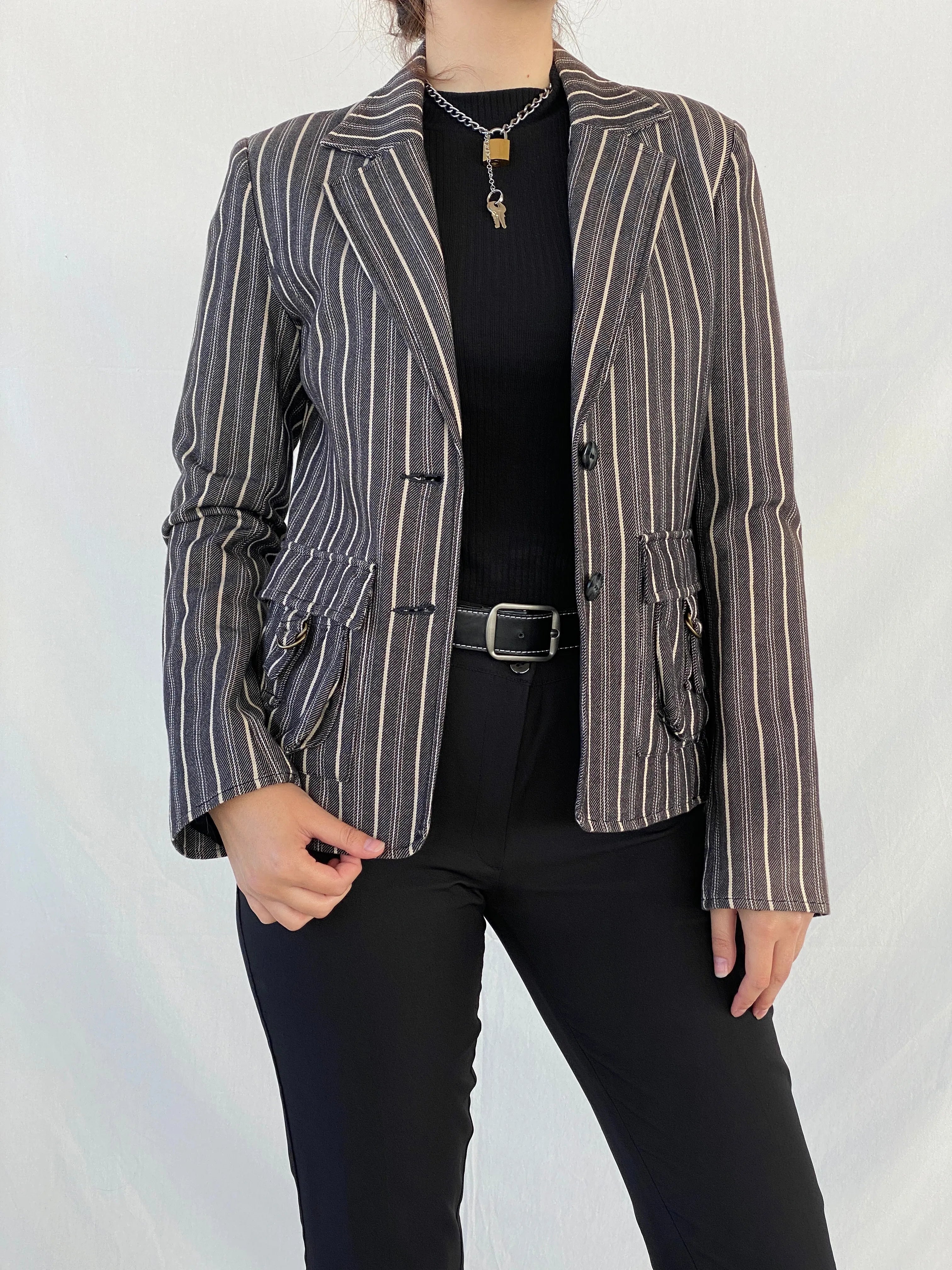 00s Vila Clothes Striped Black and White Women’s Cotton Blazer - L - Balagan Vintage Blazer Ayah, blazer, Coats&Jackets, Deals, full sleeve blazer, striped, vintage blazer, winter, Women's Blazers