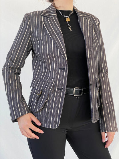 00s Vila Clothes Striped Black and White Women’s Cotton Blazer - L - Balagan Vintage Blazer Ayah, blazer, Coats&Jackets, Deals, full sleeve blazer, striped, vintage blazer, winter, Women's Blazers