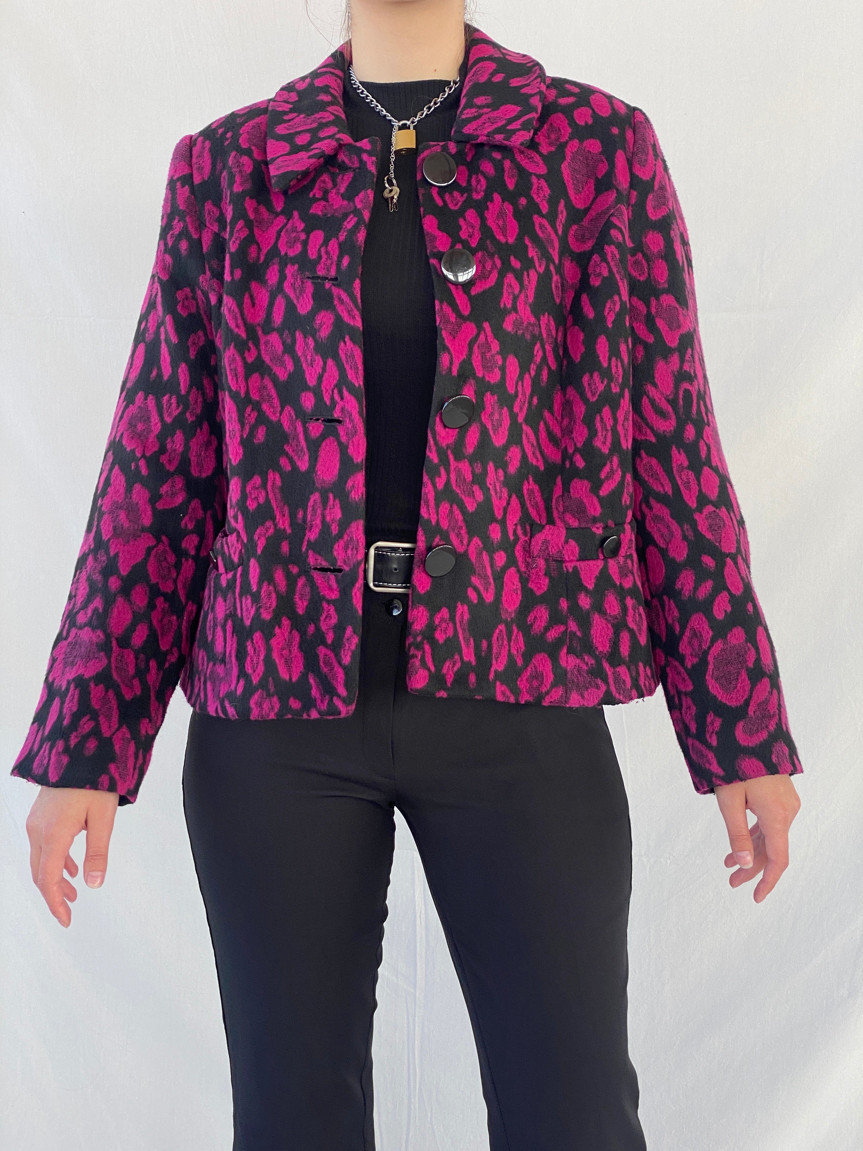 00s Women‘s Black & Pink Leopard Print Jacket - L - Balagan Vintage Jacket 90s, Ayah, jacket, winter