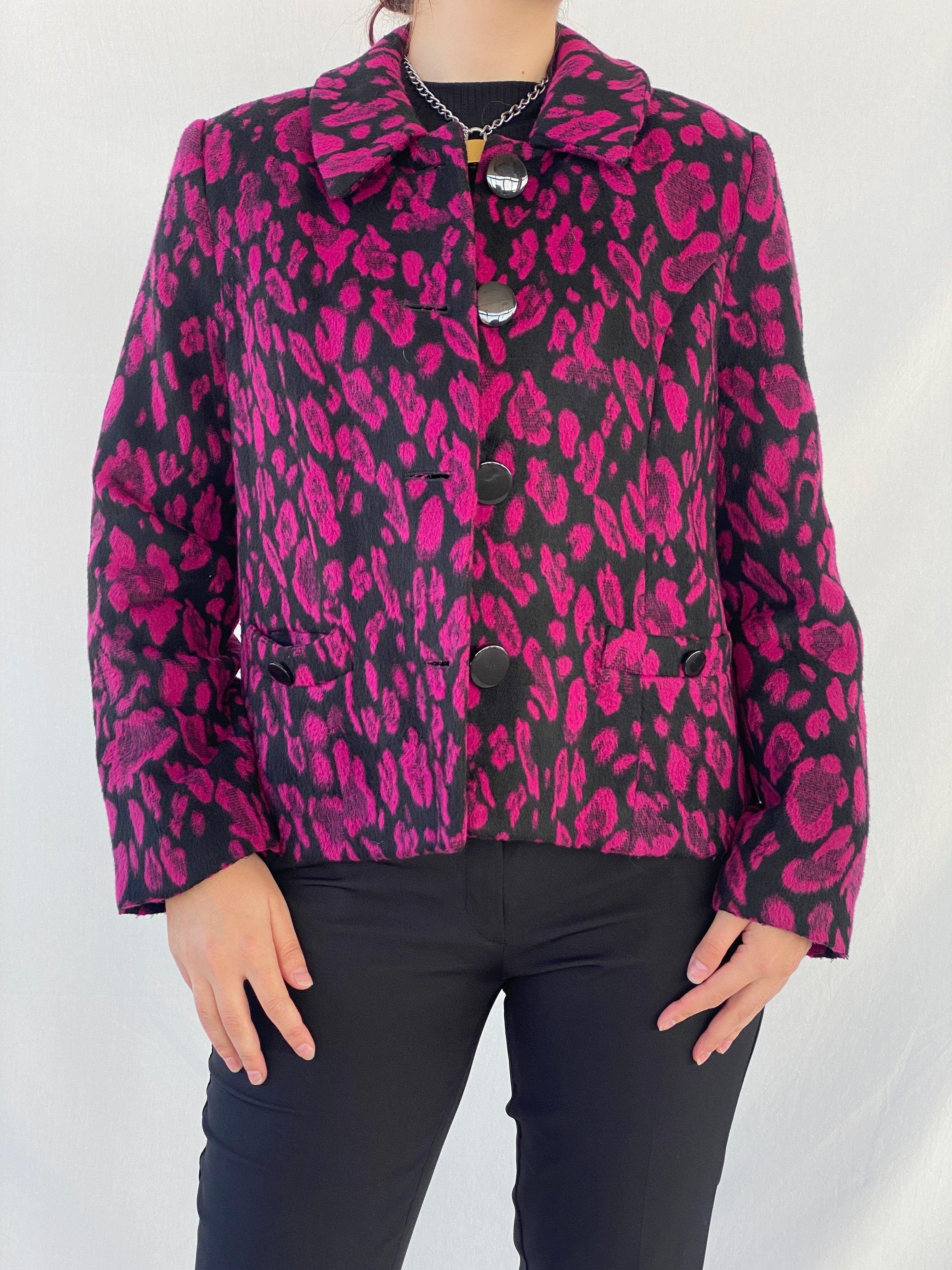 00s Women‘s Black & Pink Leopard Print Jacket - L - Balagan Vintage Jacket 90s, Ayah, jacket, winter