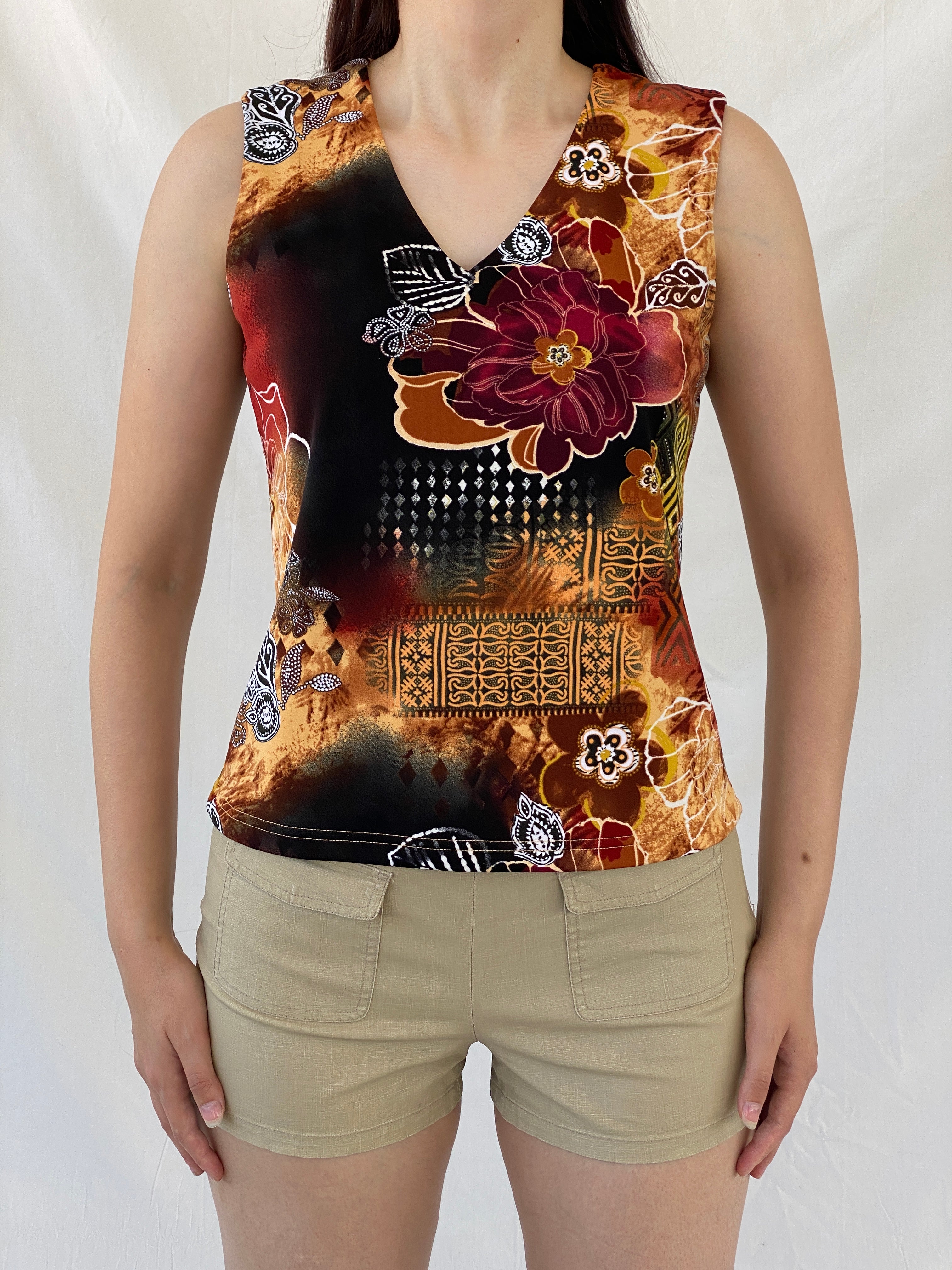00s Y2K Biaggini Floral V-Neck Sleeveless Top - L - Balagan Vintage Sleeveless Top 00s, Ayah, NEW IN, summer, women top