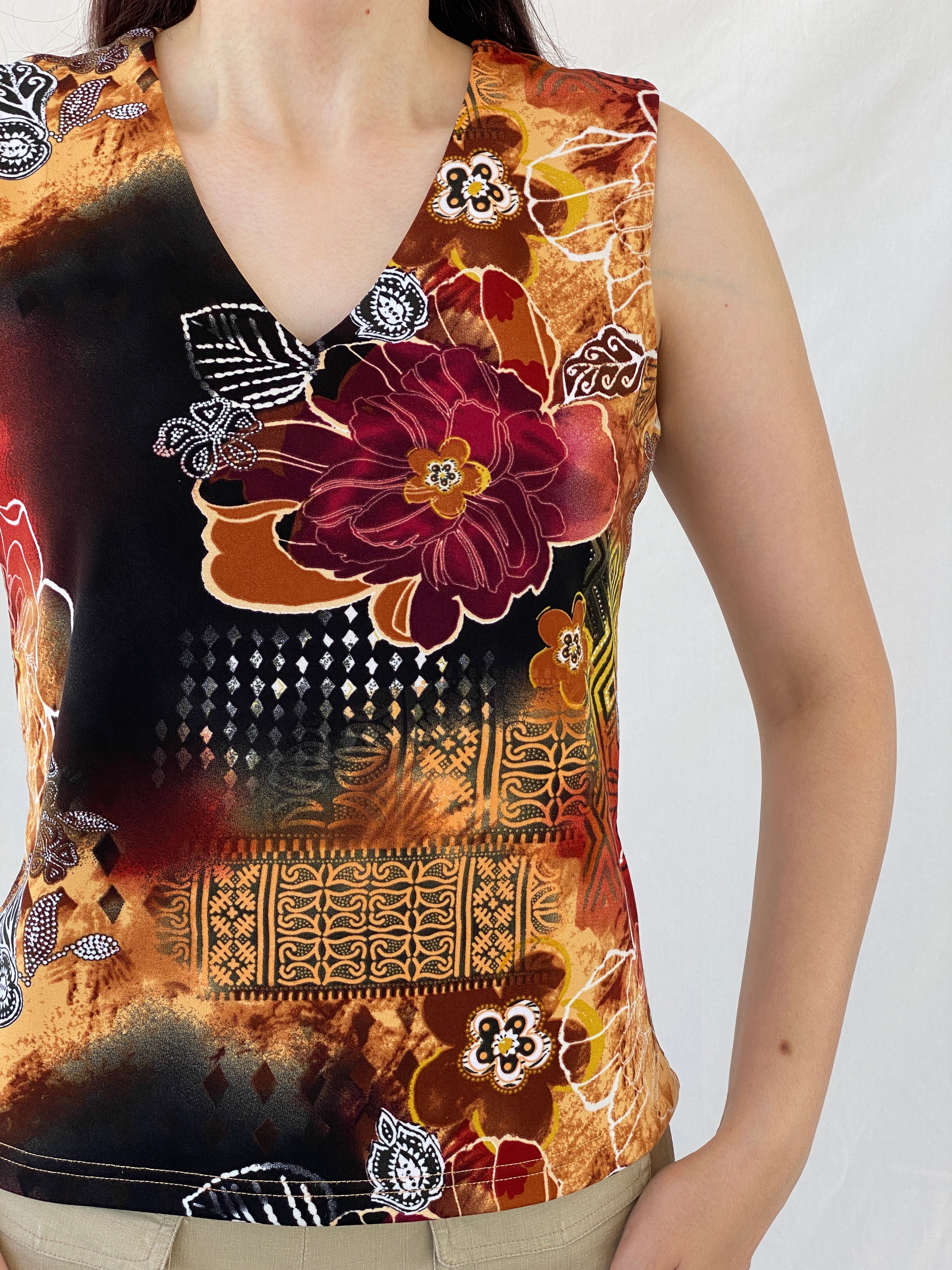 00s Y2K Biaggini Floral V-Neck Sleeveless Top - L - Balagan Vintage Sleeveless Top 00s, Ayah, NEW IN, summer, women top