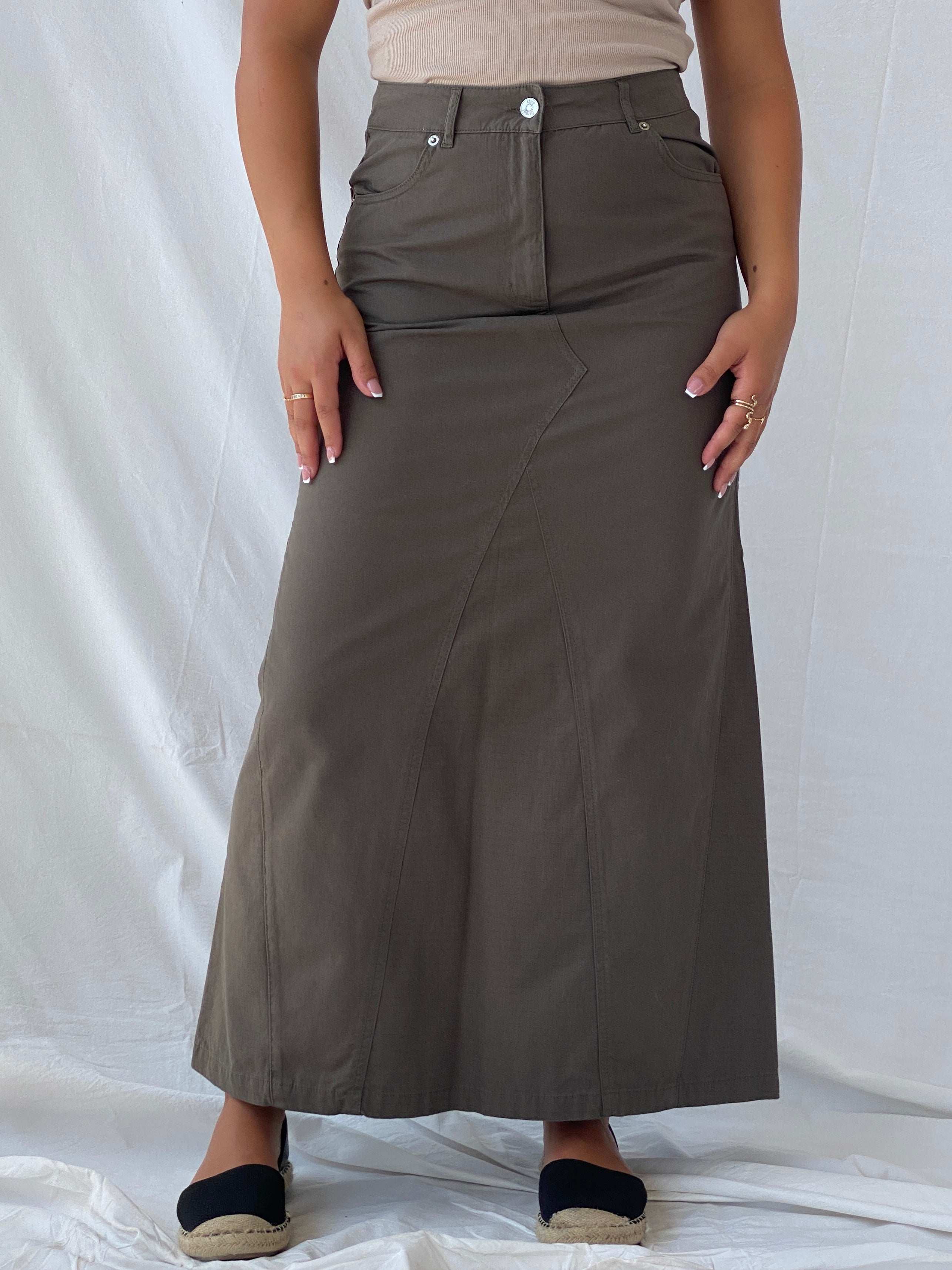 00s/Y2K Street One Olive Green A Line Denim Maxi Skirt - S - Balagan Vintage Maxi Skirt 00s, denim, Lana, maxi skirt, summer