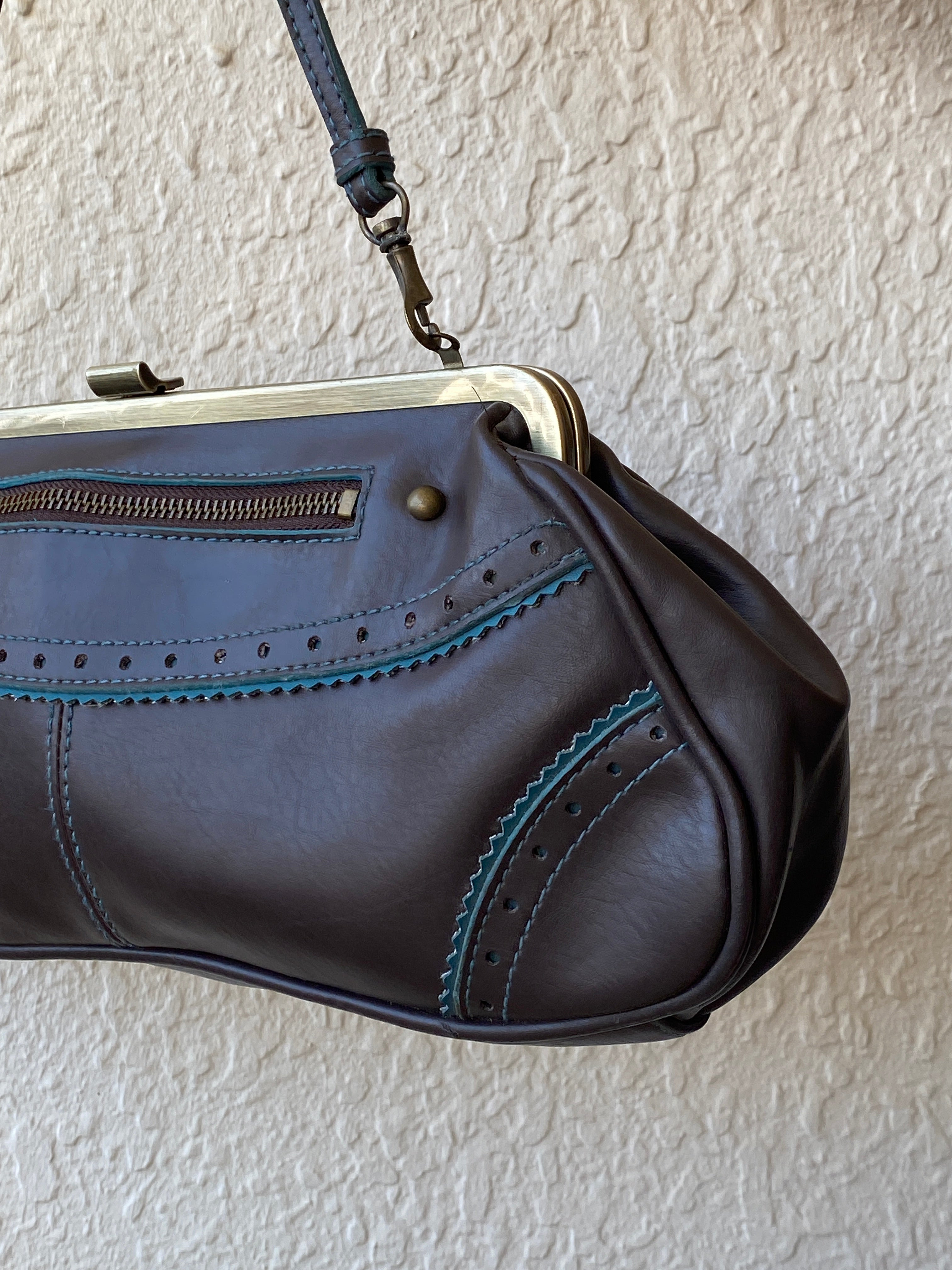 Vintage Y2K Worthington Brown PVC Teal Trim Frame Shoulder Bag