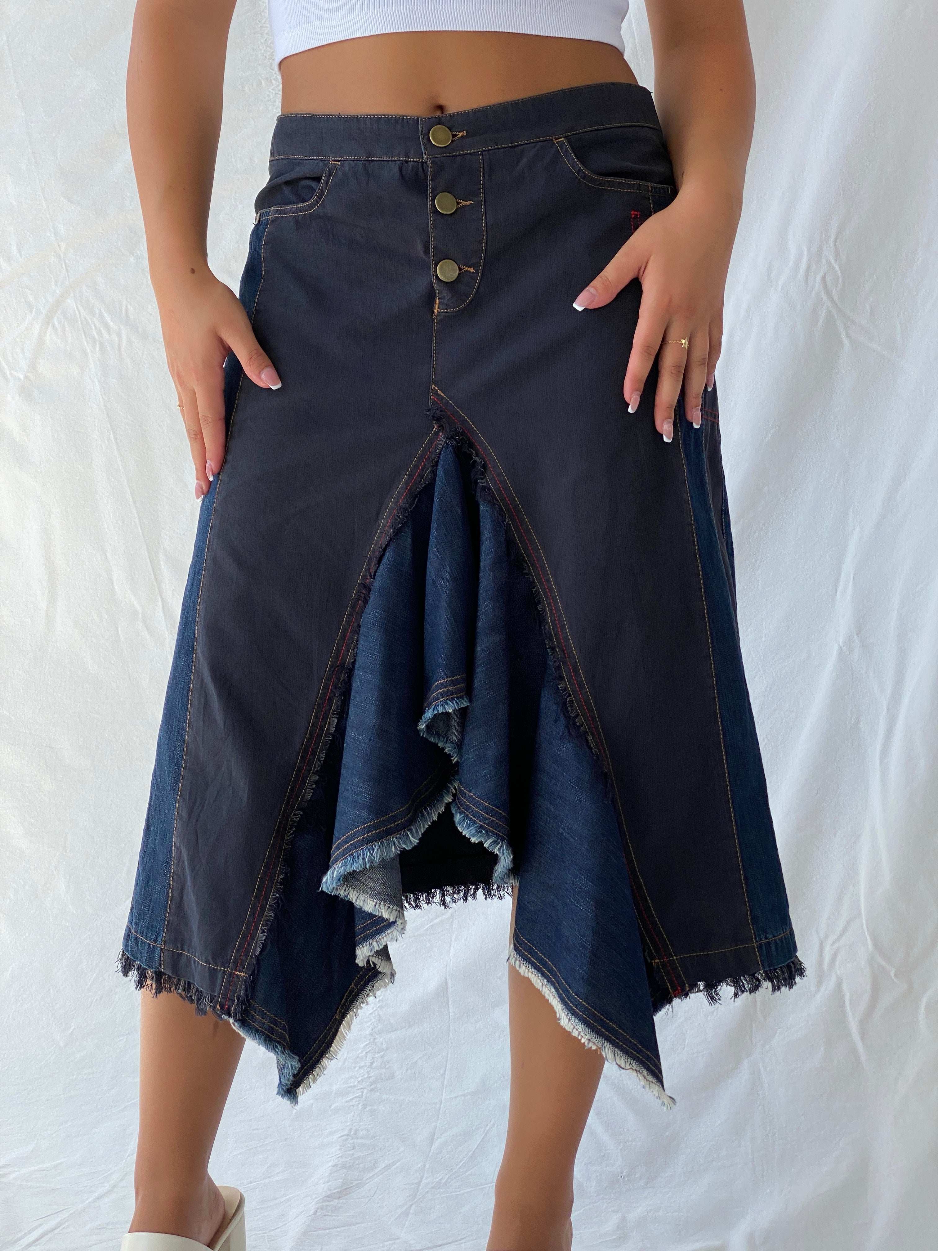 Vintage DELA VEGA Asymmetric Frayed Hem Denim Midi Skirt - L