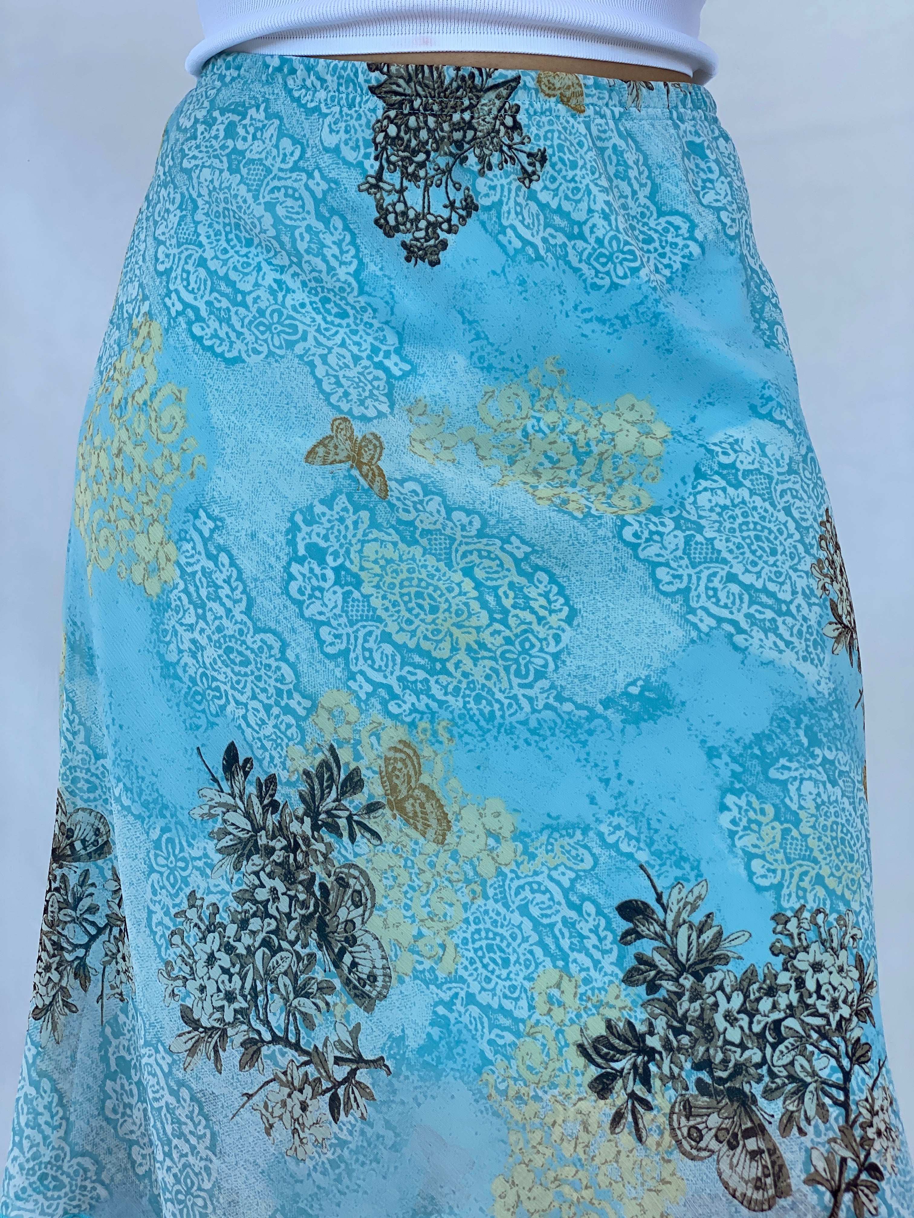 Dreamy 90s Blue Floral Midi Skirt