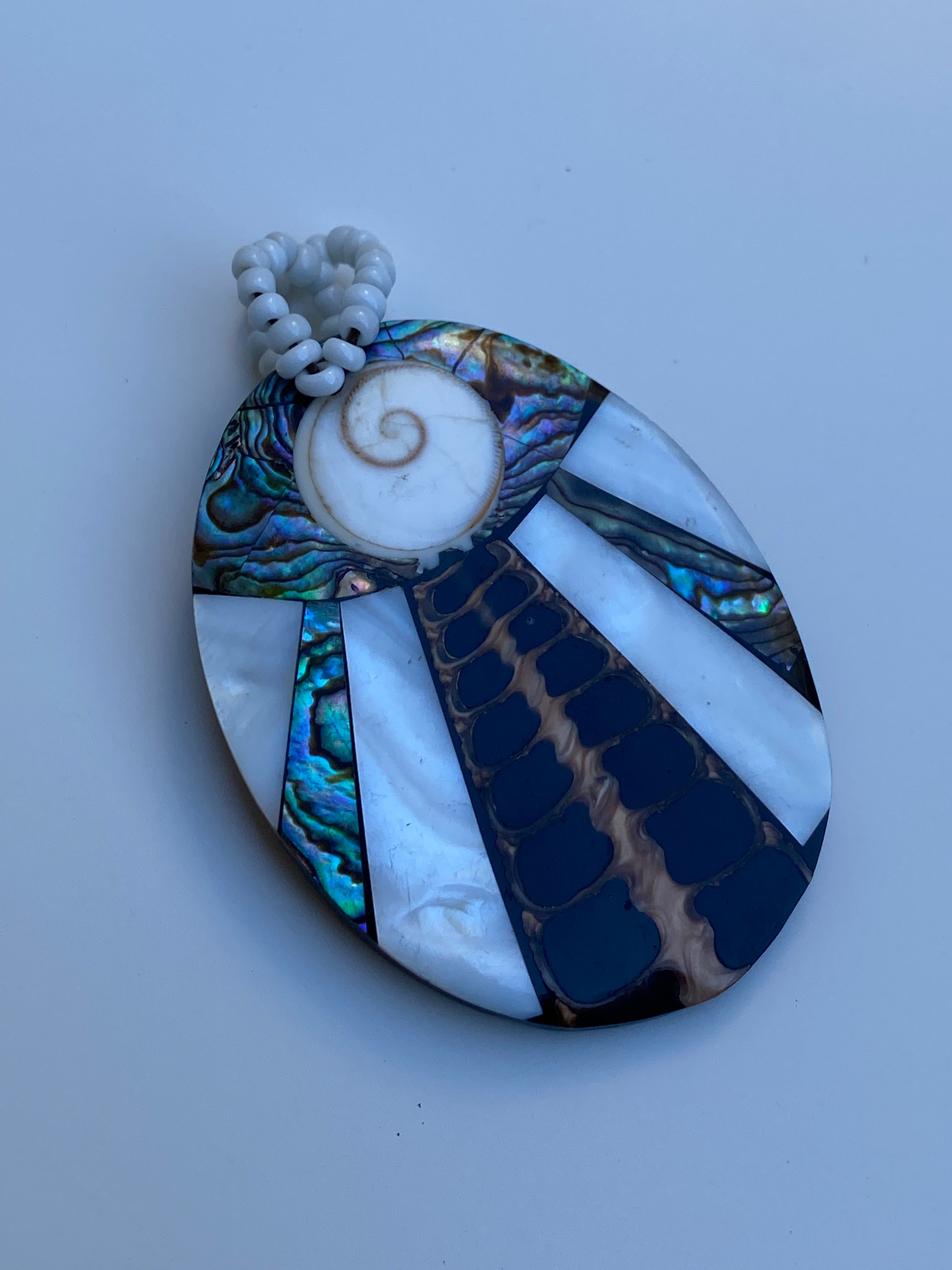 Vintage Abalone & Mother of Pearl Mosaic Pendant with Shiva Eye Shell