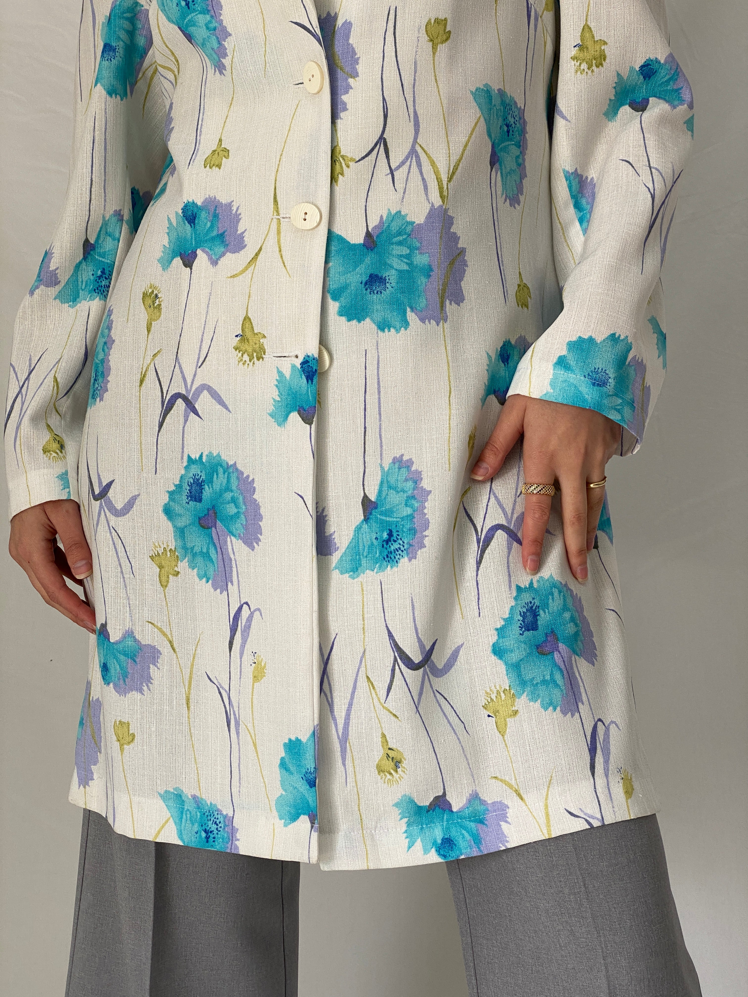 Vintage As Niobe New Line by ASM Floral Long Blazer 90s Blue Botanical Tailored Jacket - M