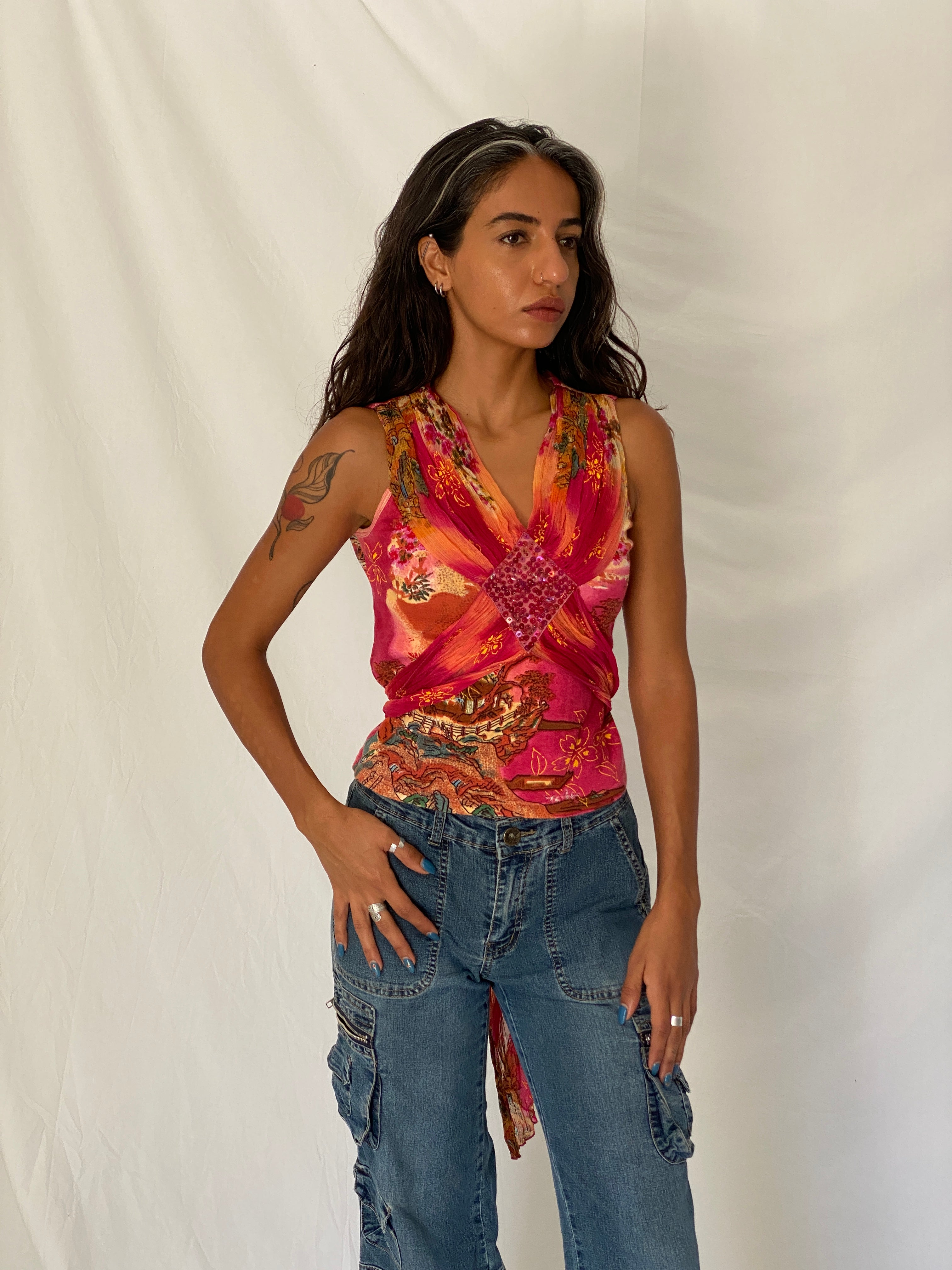 Vintage Y2K Derhy Pink Orange Embellished Floral Boho Draped Sleeveless Top - S