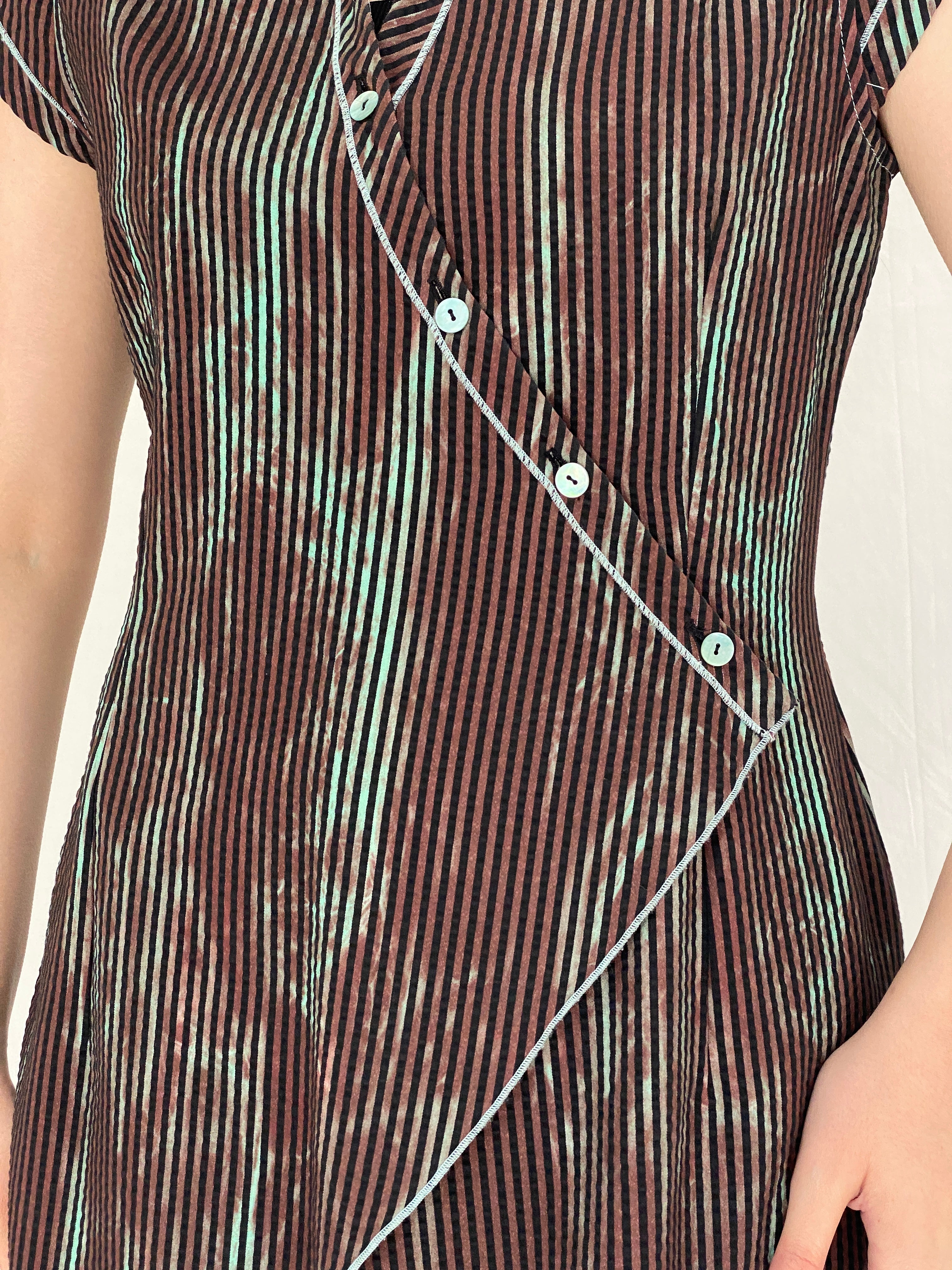 Vintage Y2K Quattro Asymmetrical Striped Wrap Cotton Blend Top with Contrast Stitching - S