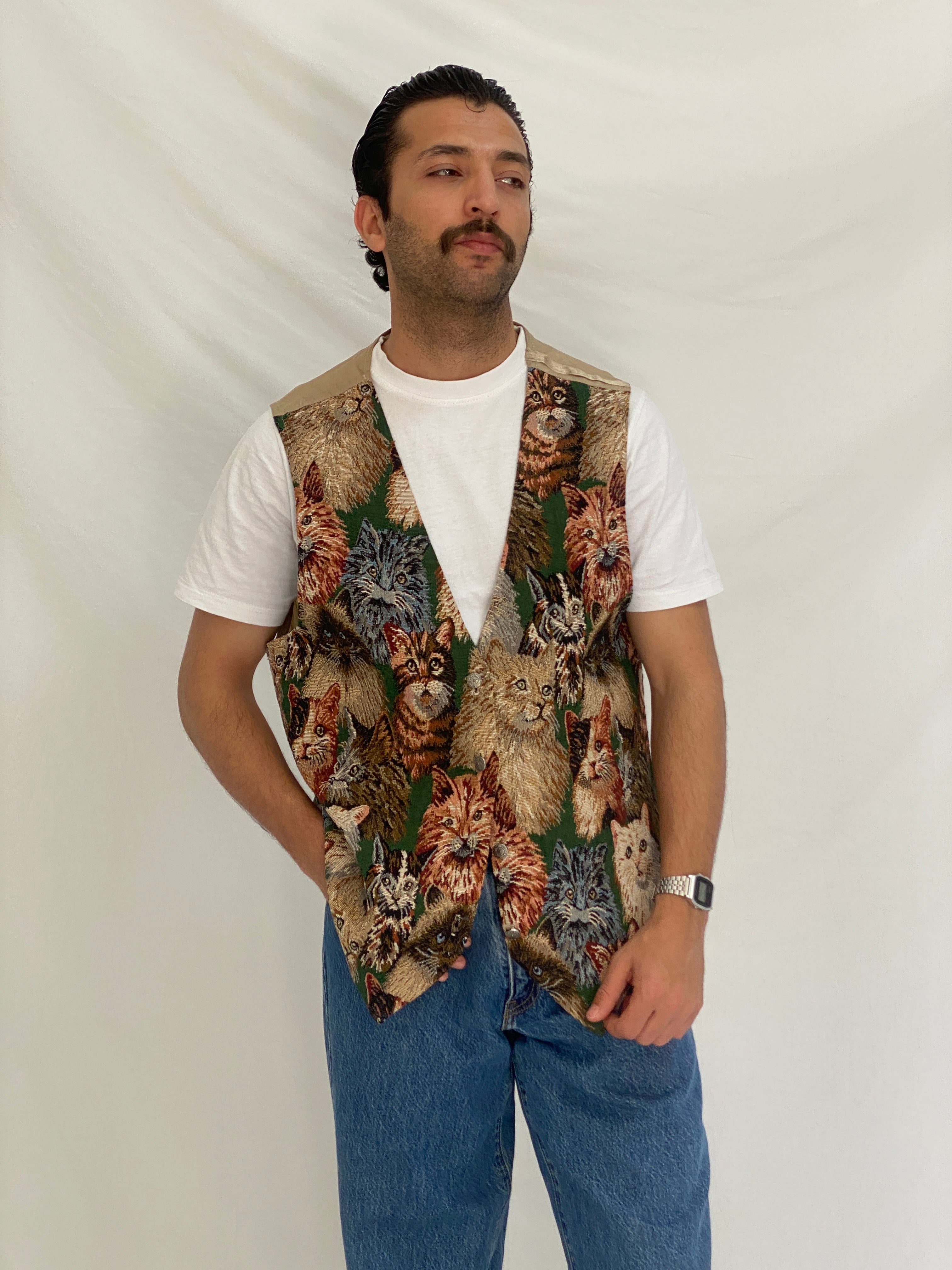 Vintage Partners II Cat Tapestry Cotton Blend Vest Novelty Animal Boho Waistcoat – L