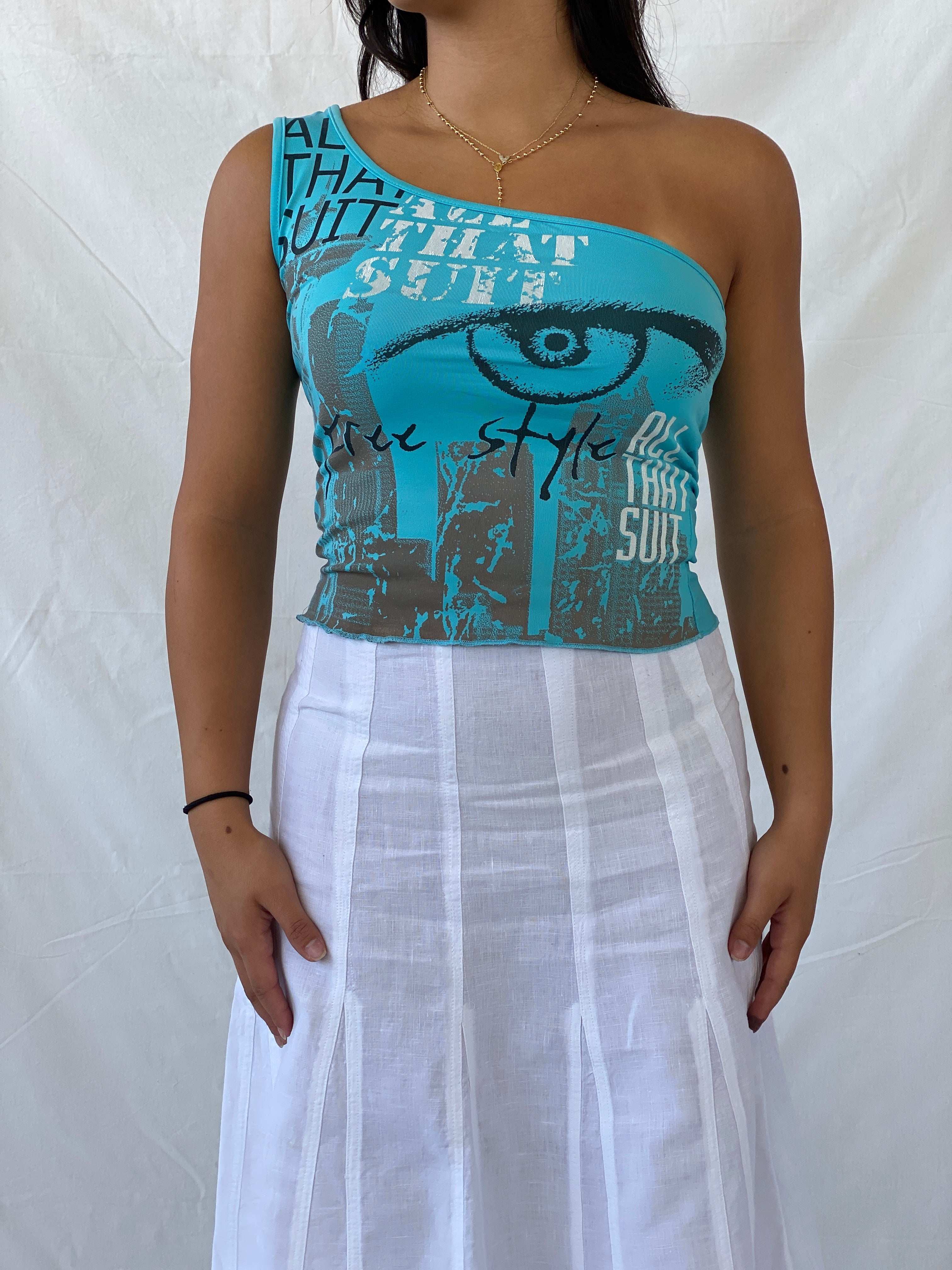 Y2K Joe W Graphic Blue One Shoulder Top - L