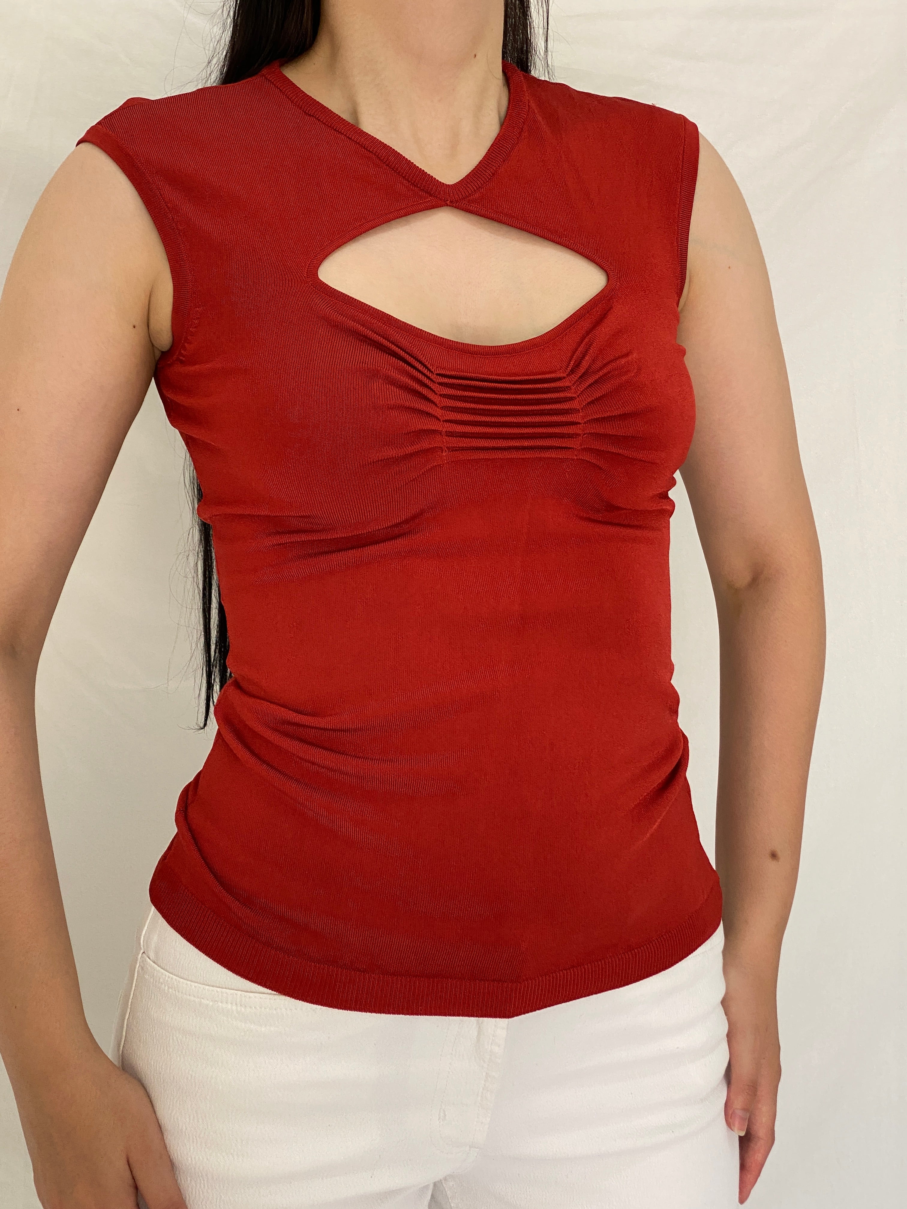 Vintage Y2K Cache Rust Red Rayon Blend Keyhole Knit Top – S