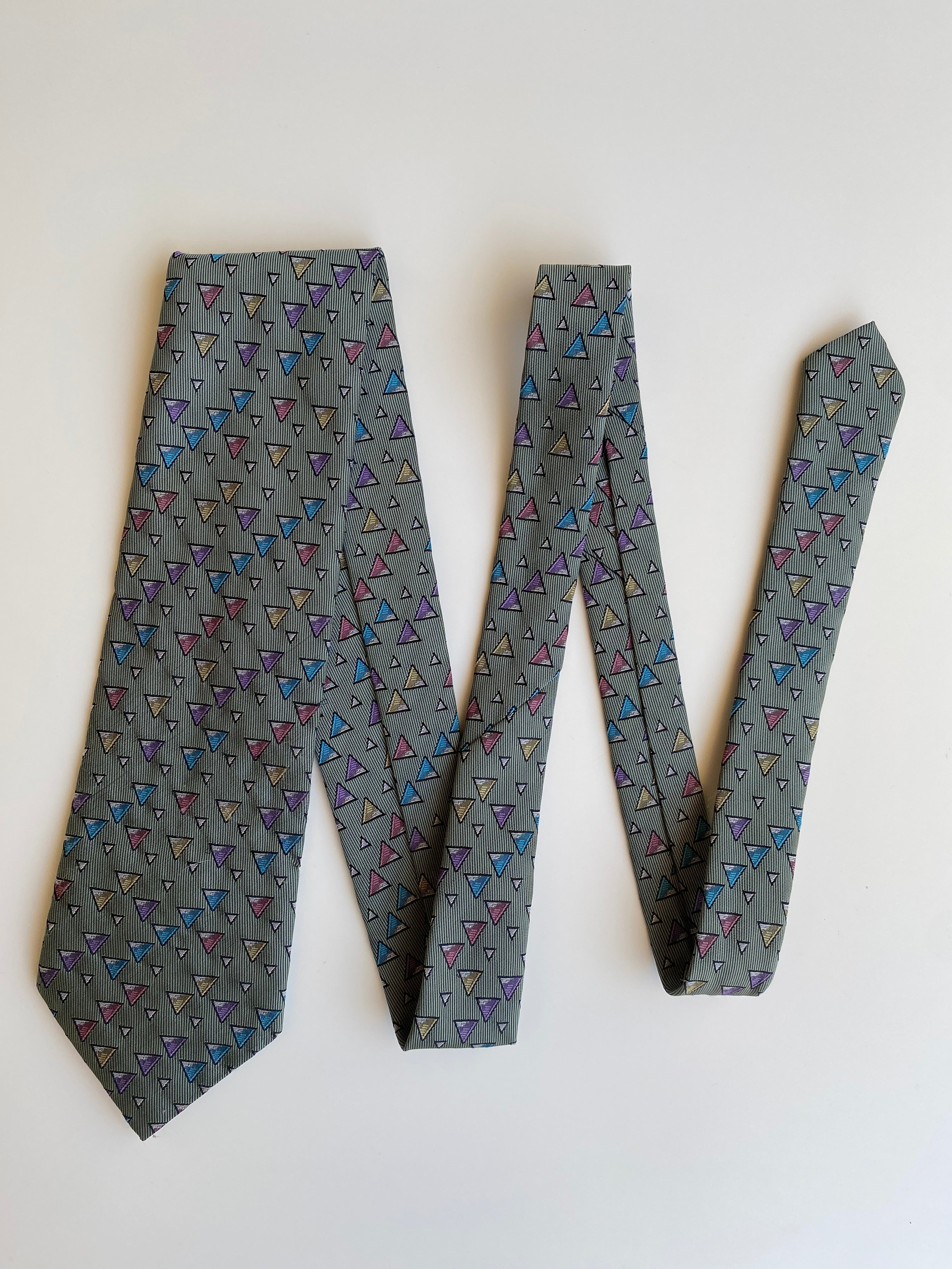 Vintage 1990s Grey Multicolor Geometric Triangle Polyester Necktie