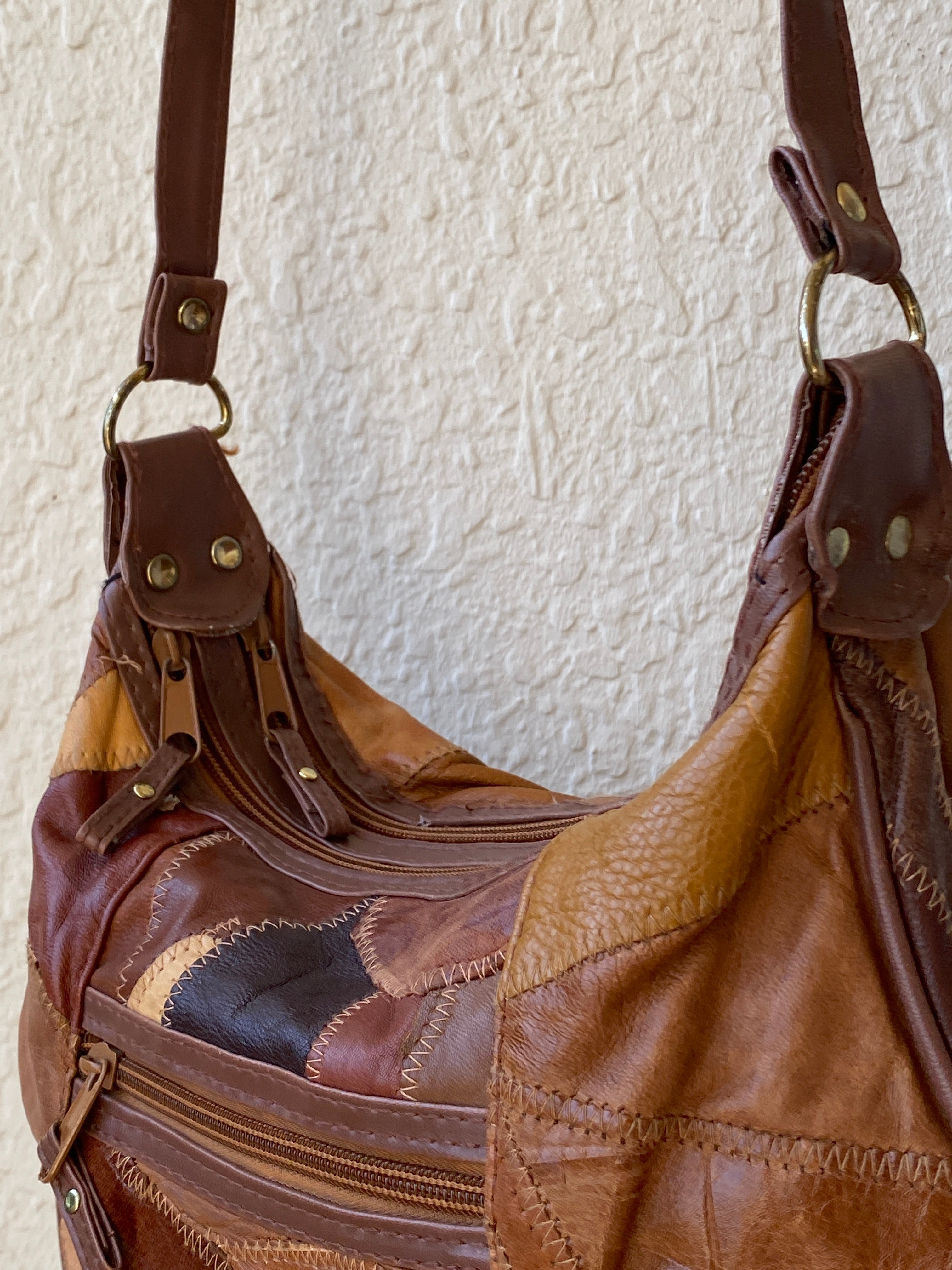 Vintage Brown & Tan Leather Purse Patchwork Crossbody Bag
