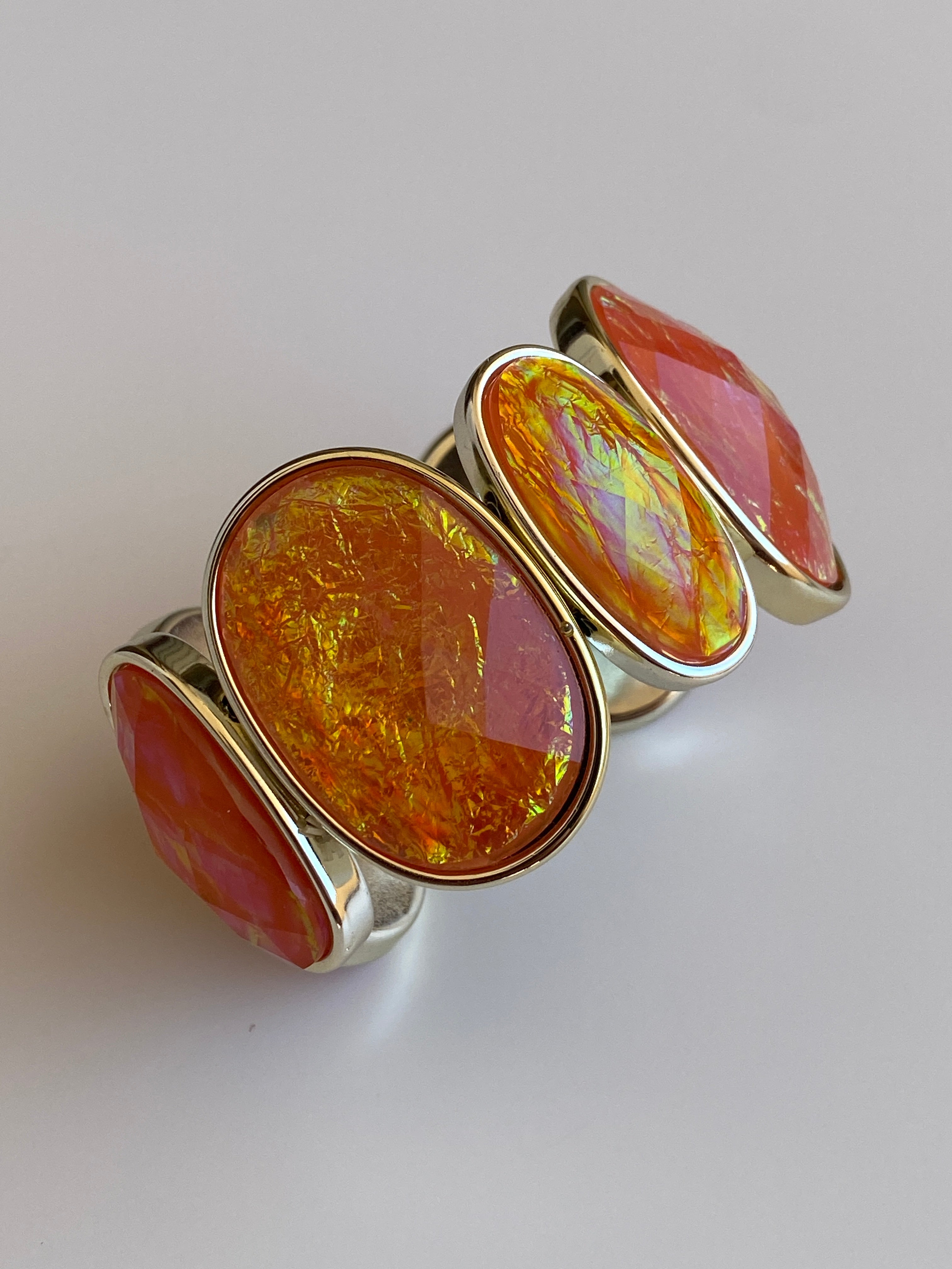 Vintage Orange Lucite Cabochon Silver-Tone Elastic Statement Bracelet