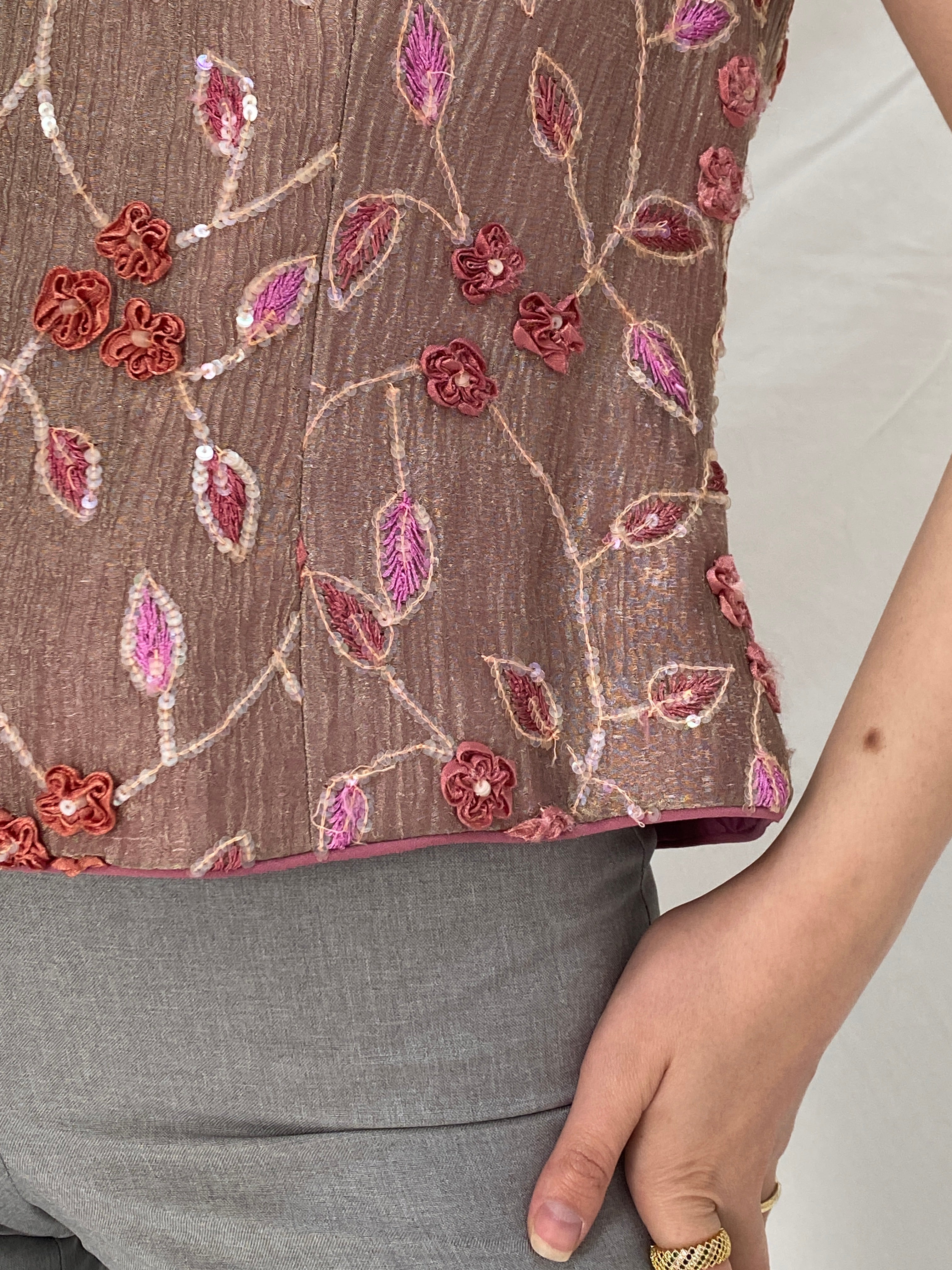 Vintage Raffaello Floral Embellished Beaded Party Top Embroidered Pink Evening Blouse – L