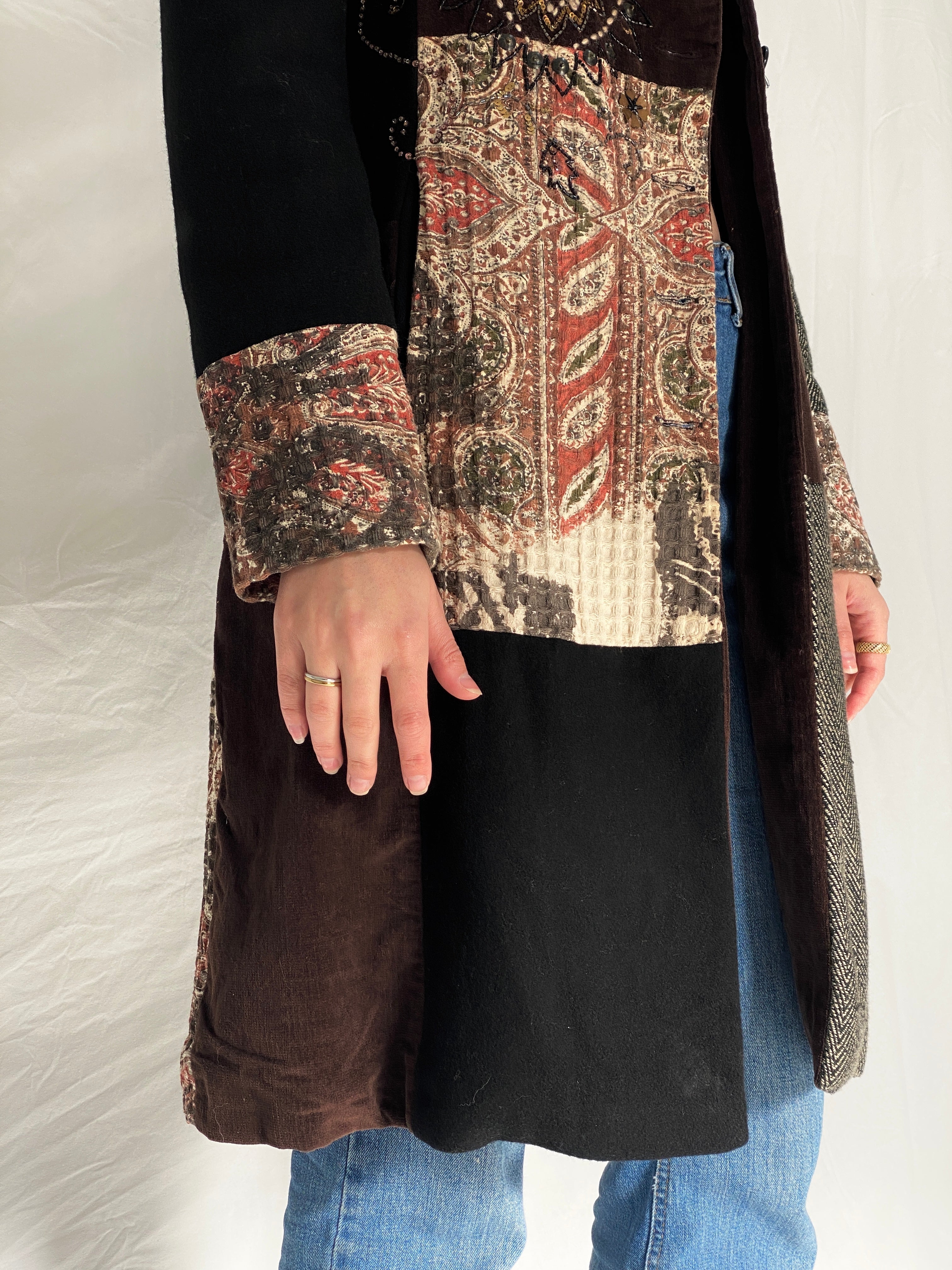 Vintage Derhy Patchwork Coat Bohemian Embroidered Artistic Long Coat 90s 00s Statement Jacket - M