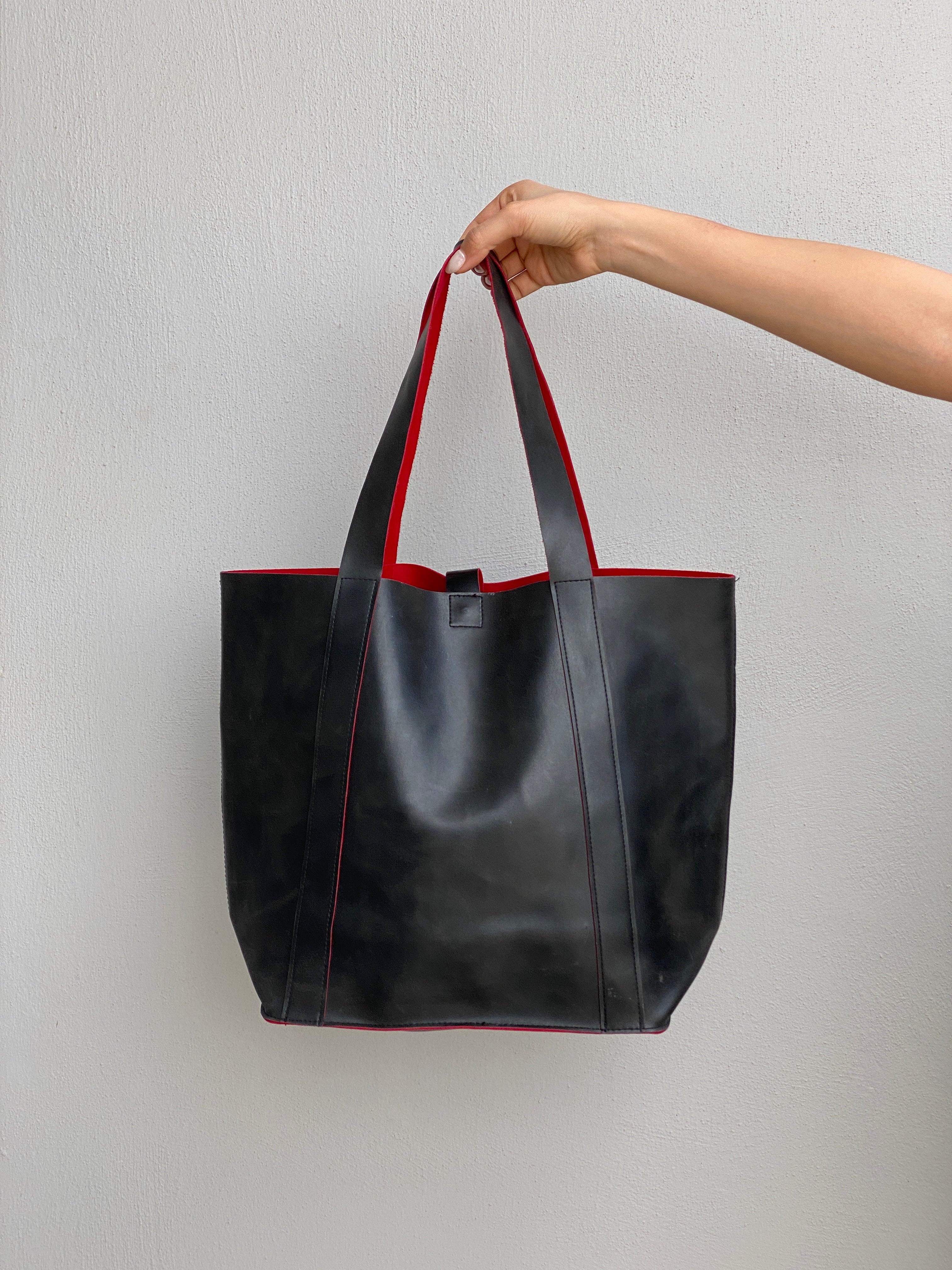 Vintage 2000s Donna Karan New York Black Leather Tote Bag Red Interior Minimalist Shopper