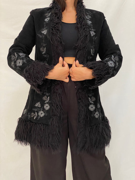 Vintage NEXT Black Embroidered Faux Suede Penny Lane Coat Y2K Boho Shaggy Trim Jacket - M