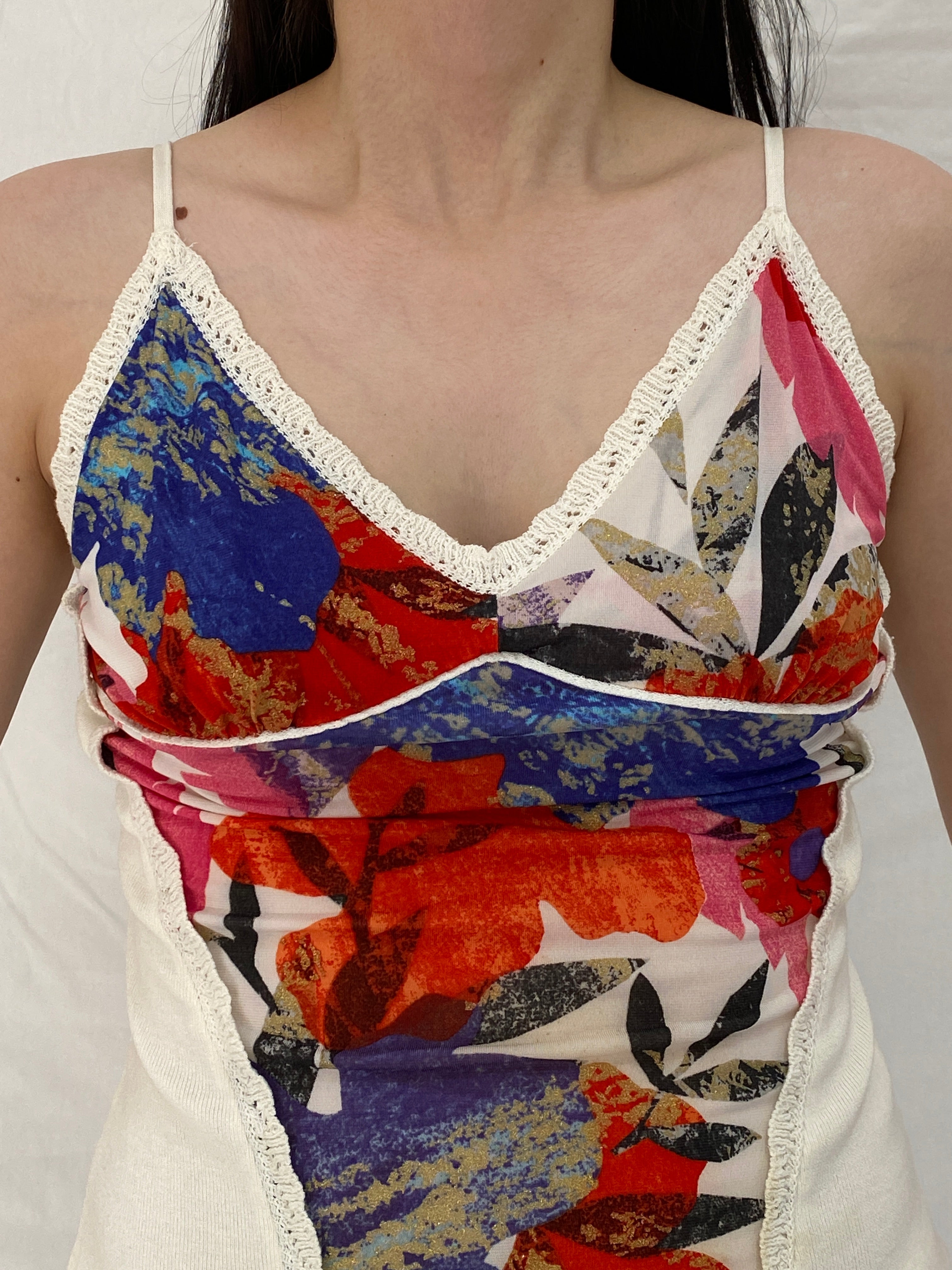 Vintage Y2K Abstract Floral Print Crochet Trim Cami Top Multicolor Knit Panel Cami - M
