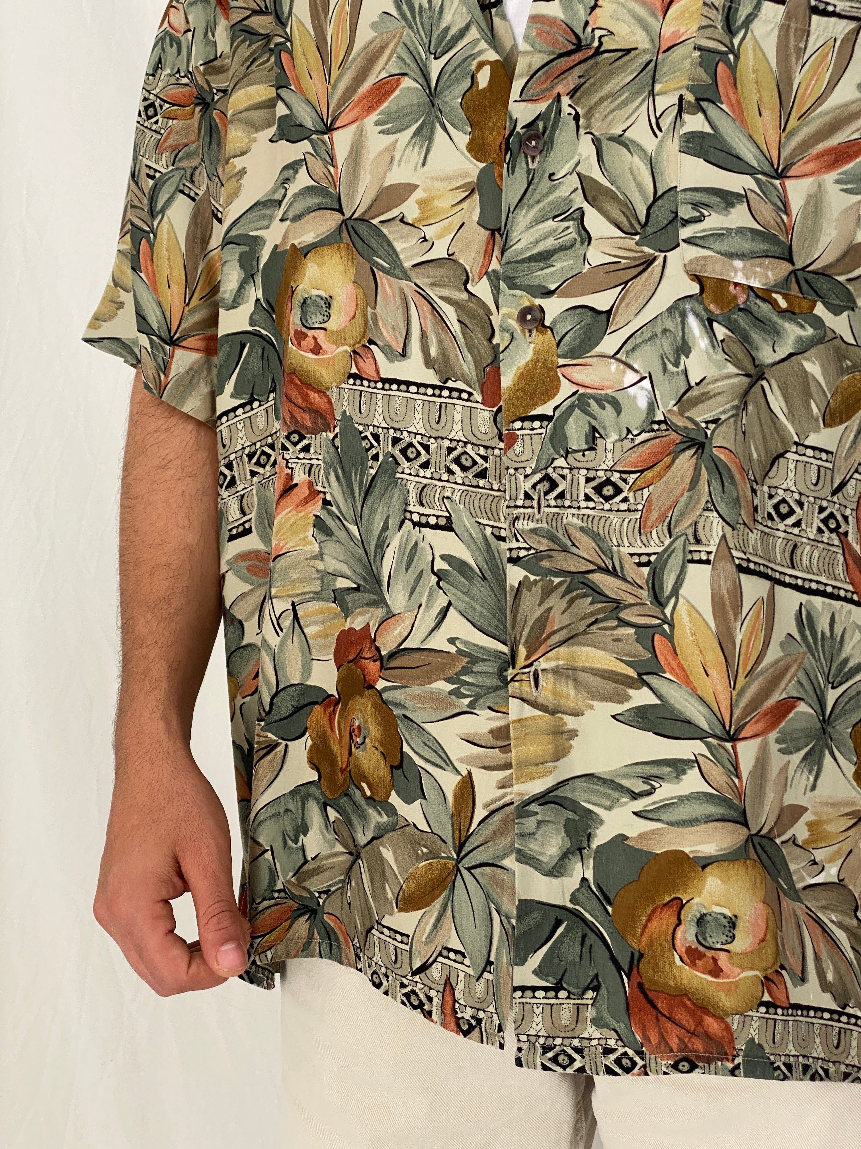 Vintage Burma Bibas Earth Tone Tropical Rayon Shirt – L