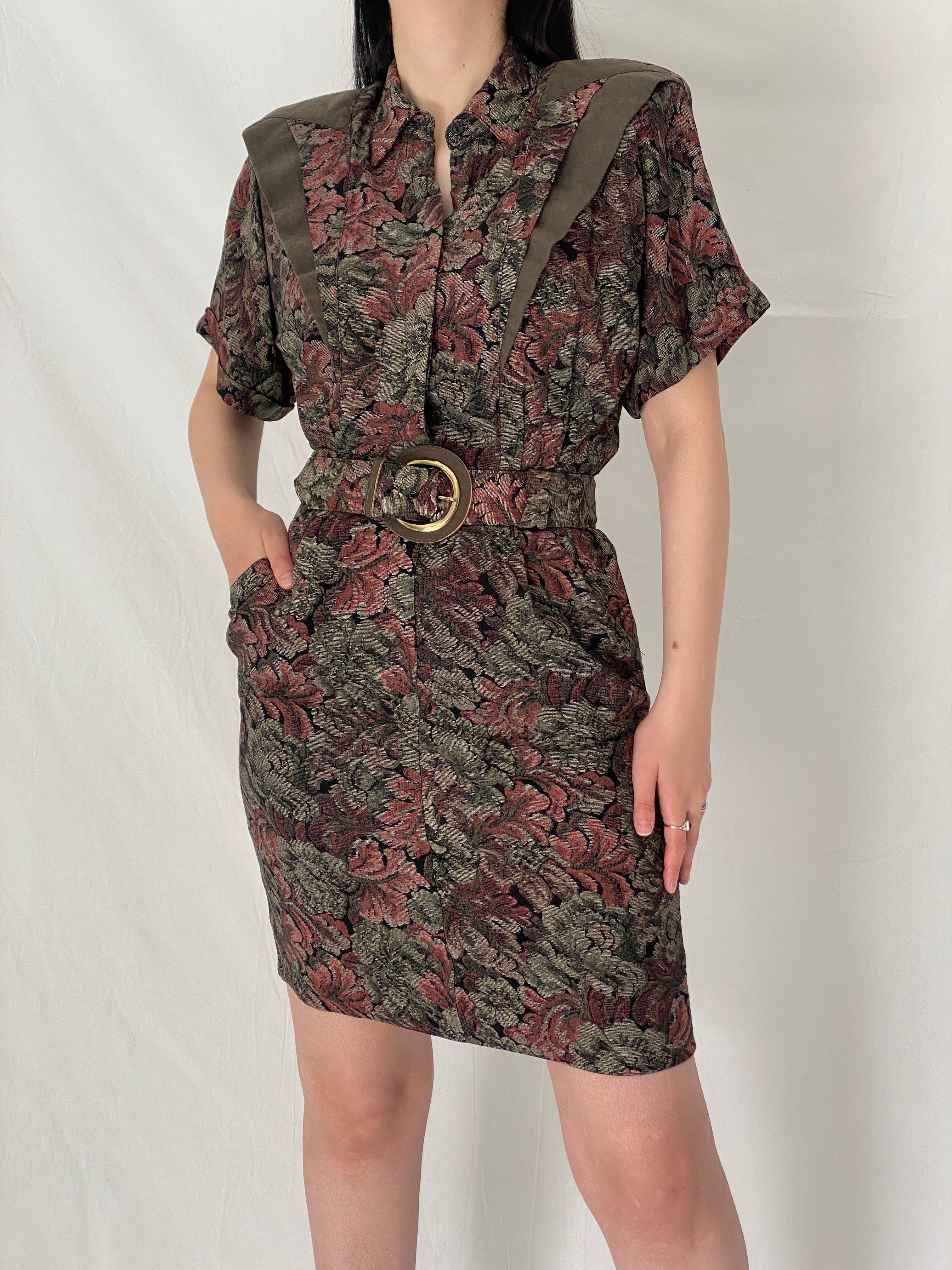 Vintage 90s Positive Influence Floral Belted Earth Tone Tapestry Mini Dress - S