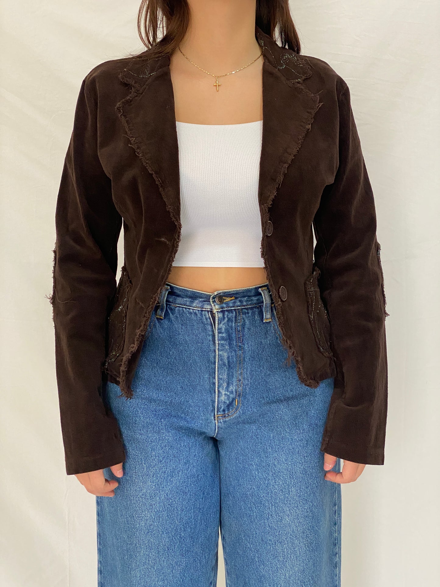 Vintage Y2K Italian Corduroy Blazer  Chocolate Distressed Raw Edge Embroidered Jacket - S