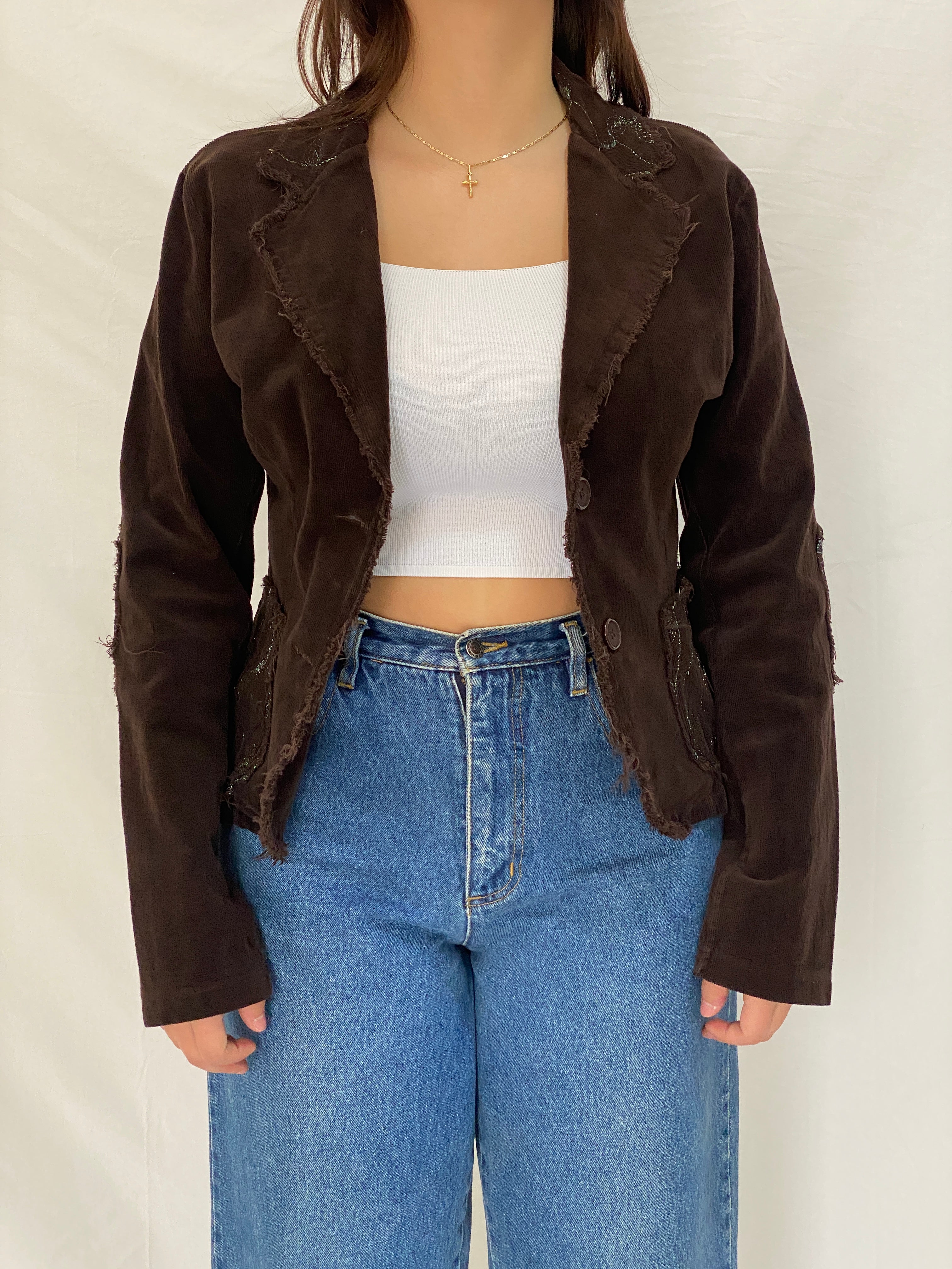 Vintage Y2K Italian Corduroy Blazer Chocolate Distressed Raw Edge Embroidered Jacket - S
