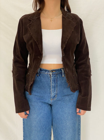Vintage Y2K Italian Corduroy Blazer  Chocolate Distressed Raw Edge Embroidered Jacket - S