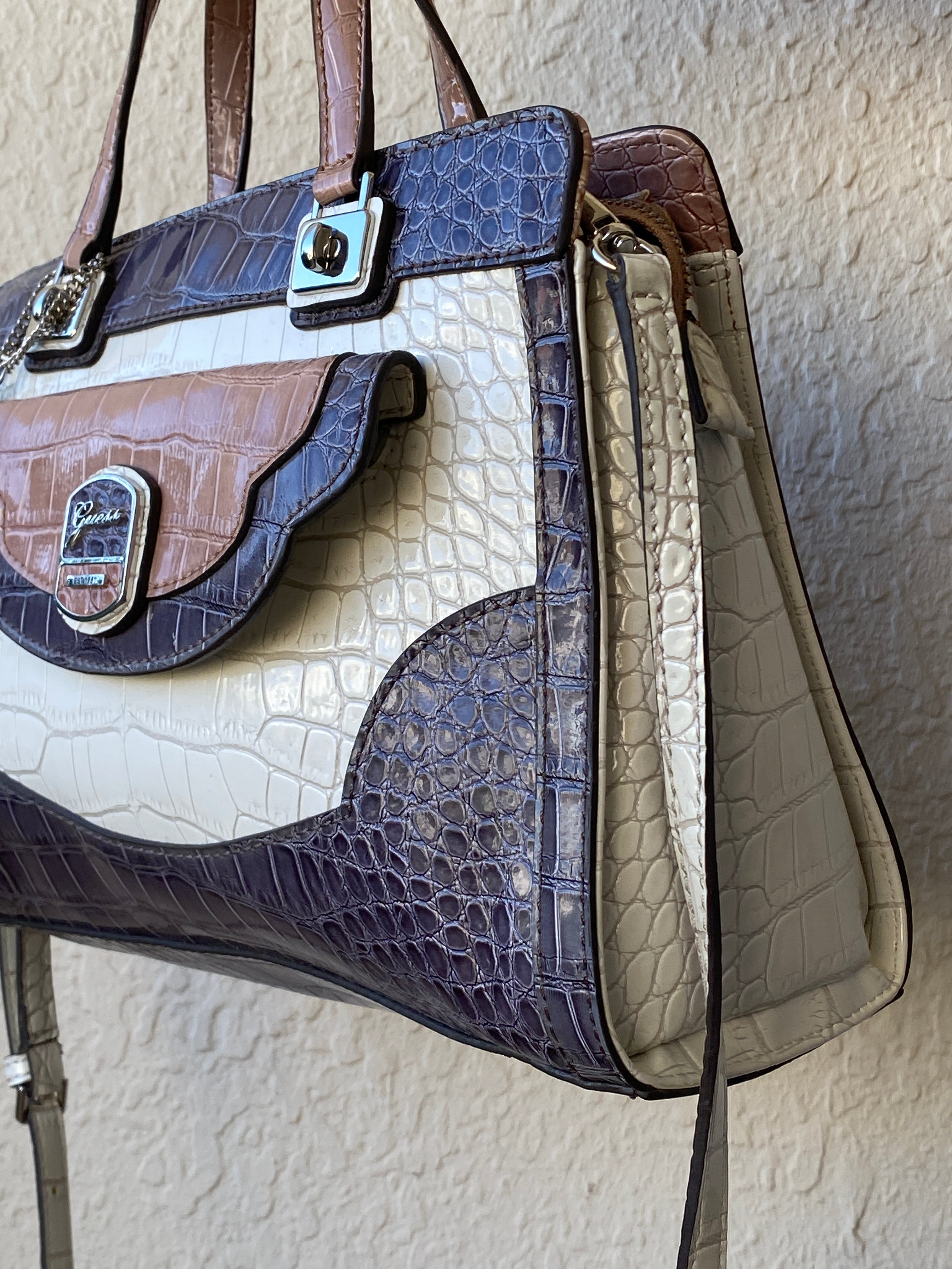 GUESS Croc-Embossed Tri-Color Satchel Handbag with Crossbody Strap