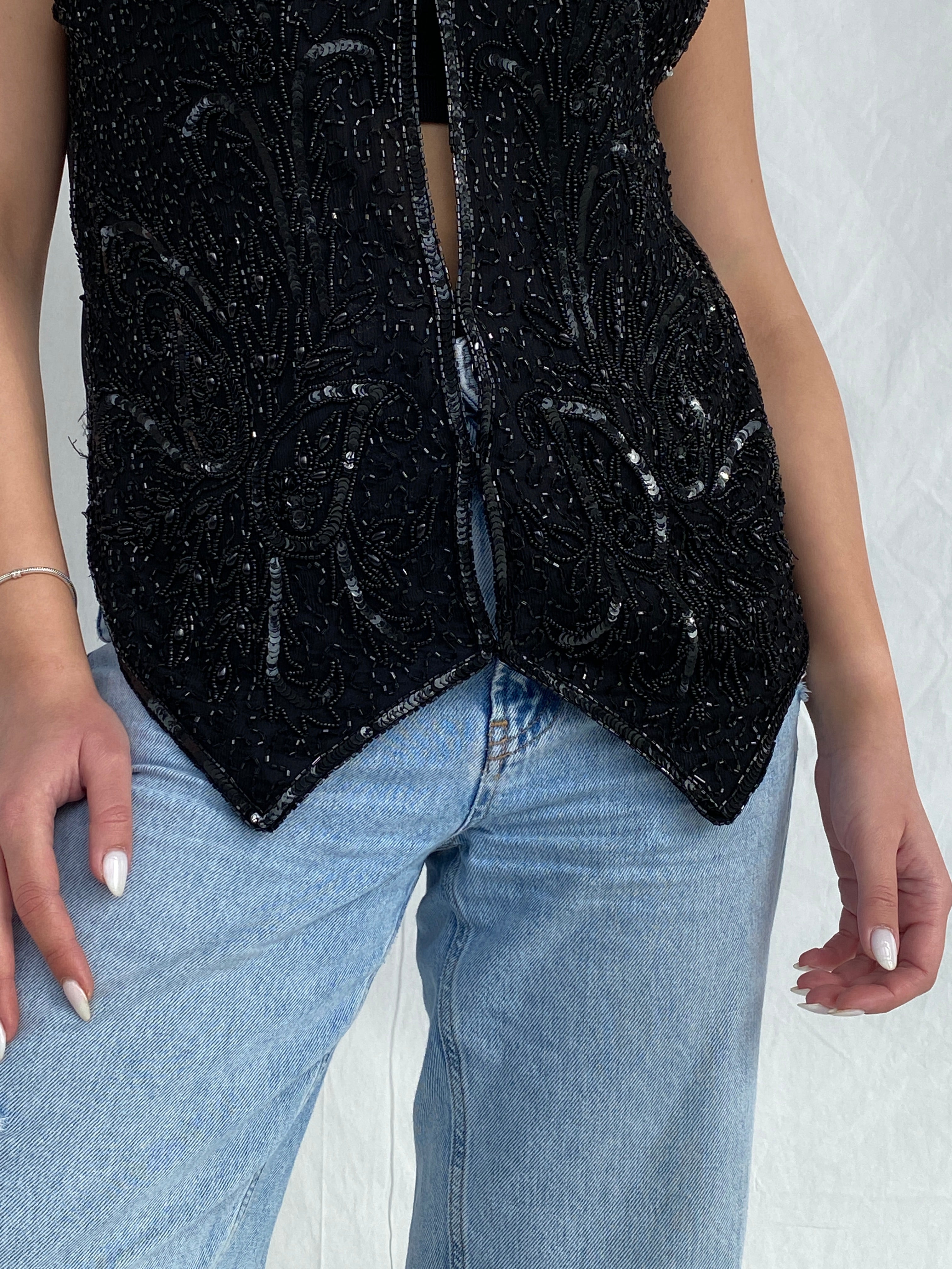 Vintage Diamond Collection Beaded Sequin Black Women’s Party Vest - M