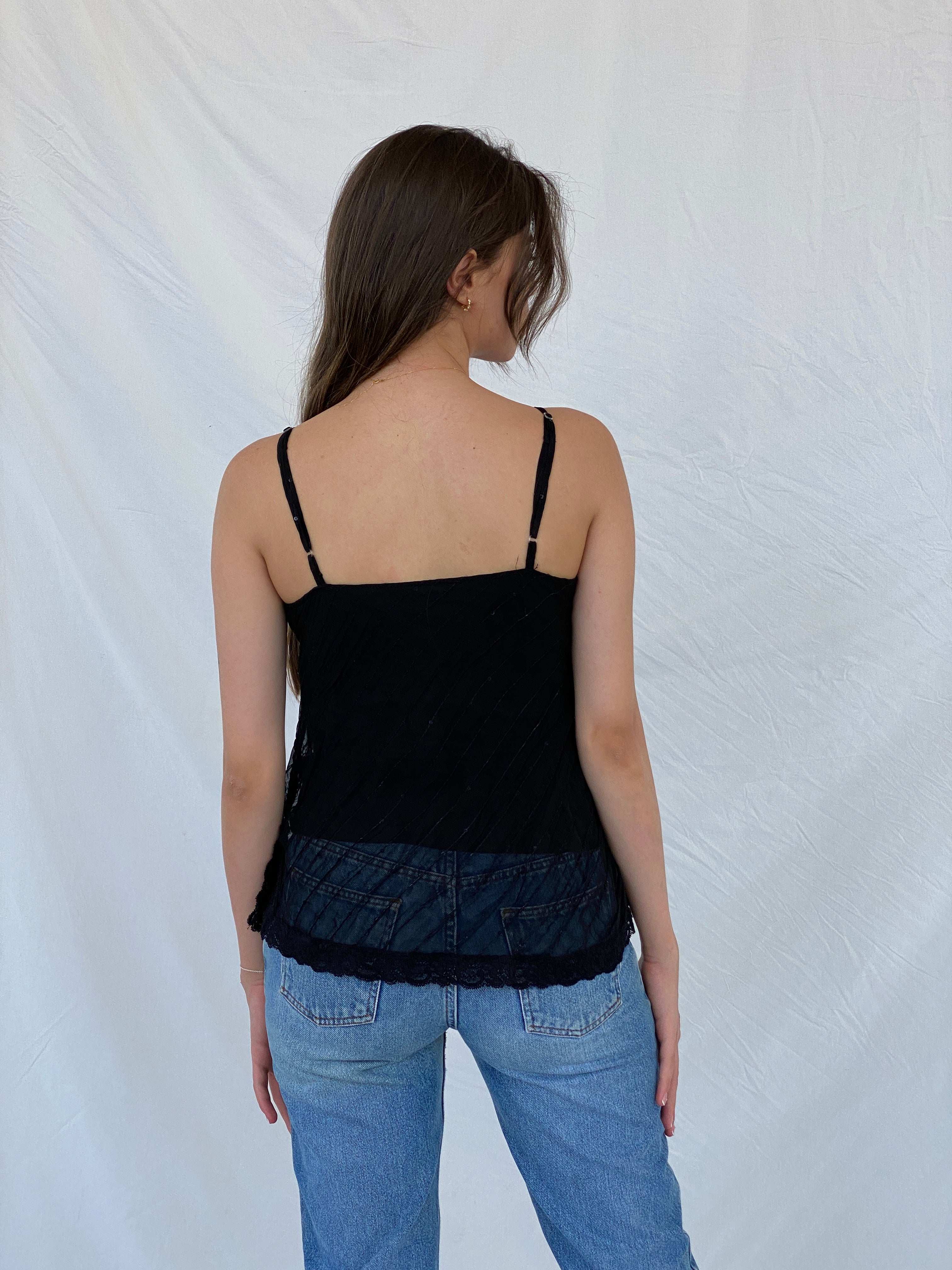 Vintage 90s Fire Los Angeles Sequin Black Lace Trim Cami Top - S - Balagan Vintage Cami 00s, 90s, Cami, Mira, NEW IN, sheer, shimmer