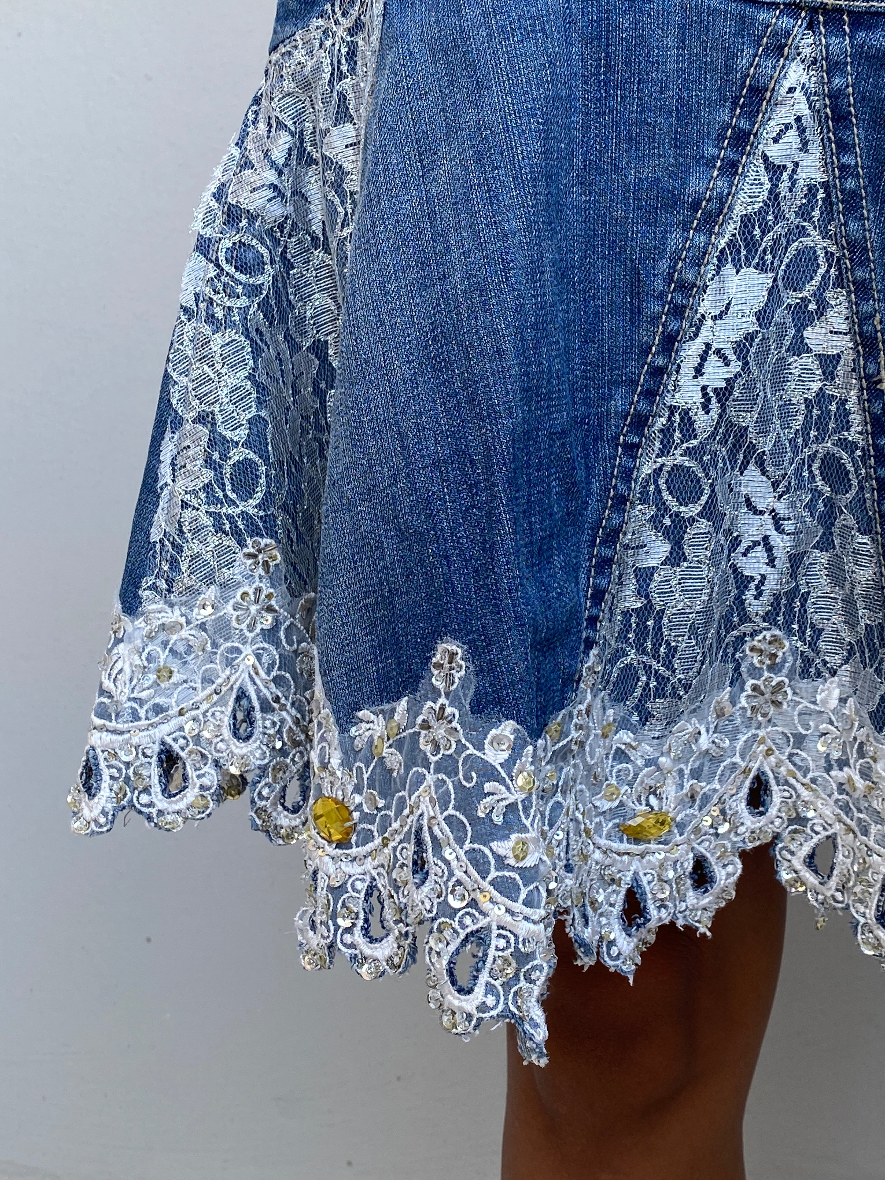 Y2K Rosa & Rose Blue Cotton Denim Lace Rhinestone Flared Skirt – S
