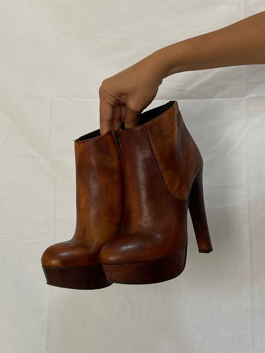 Network Genuine Leather Platform Ankle Boots Distressed Brown High Heel Statement Shoes - EU 38