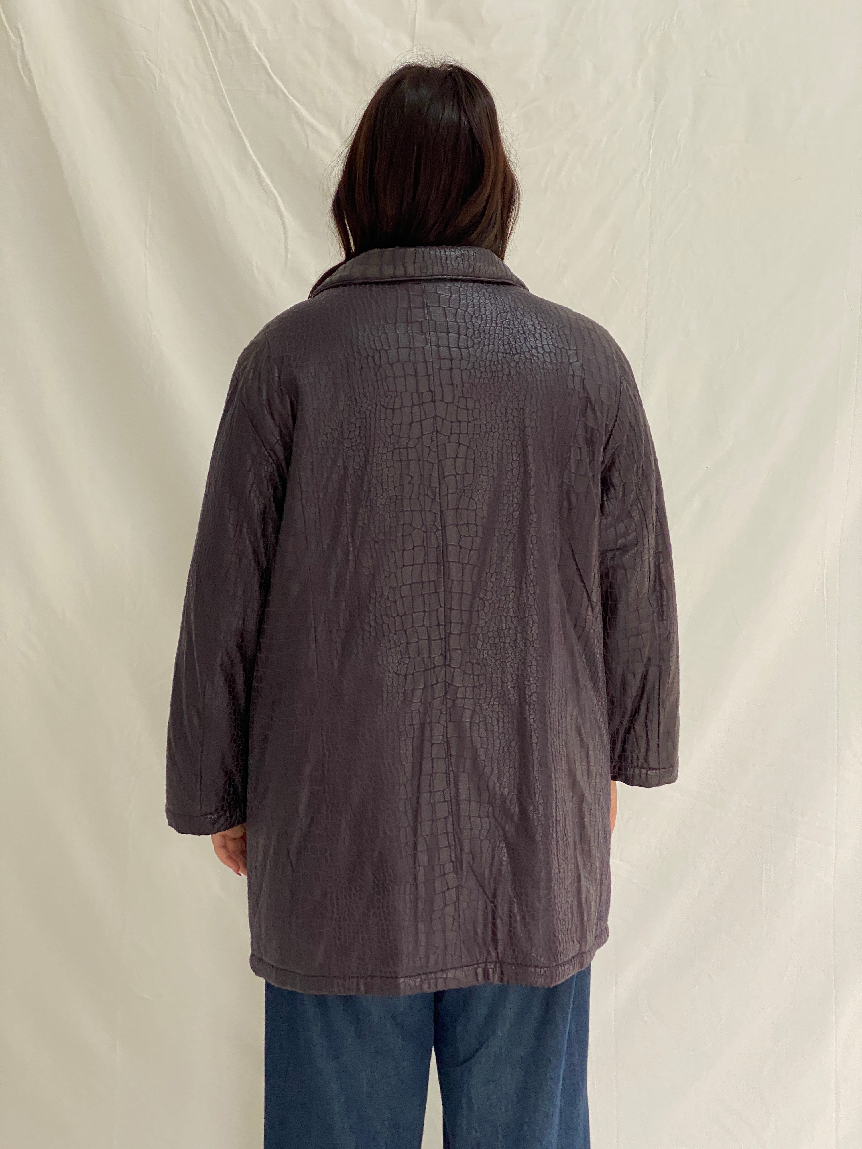 Vintage Purple Croc-Embossed Textured Longline Jacket Button-Up Coat - L