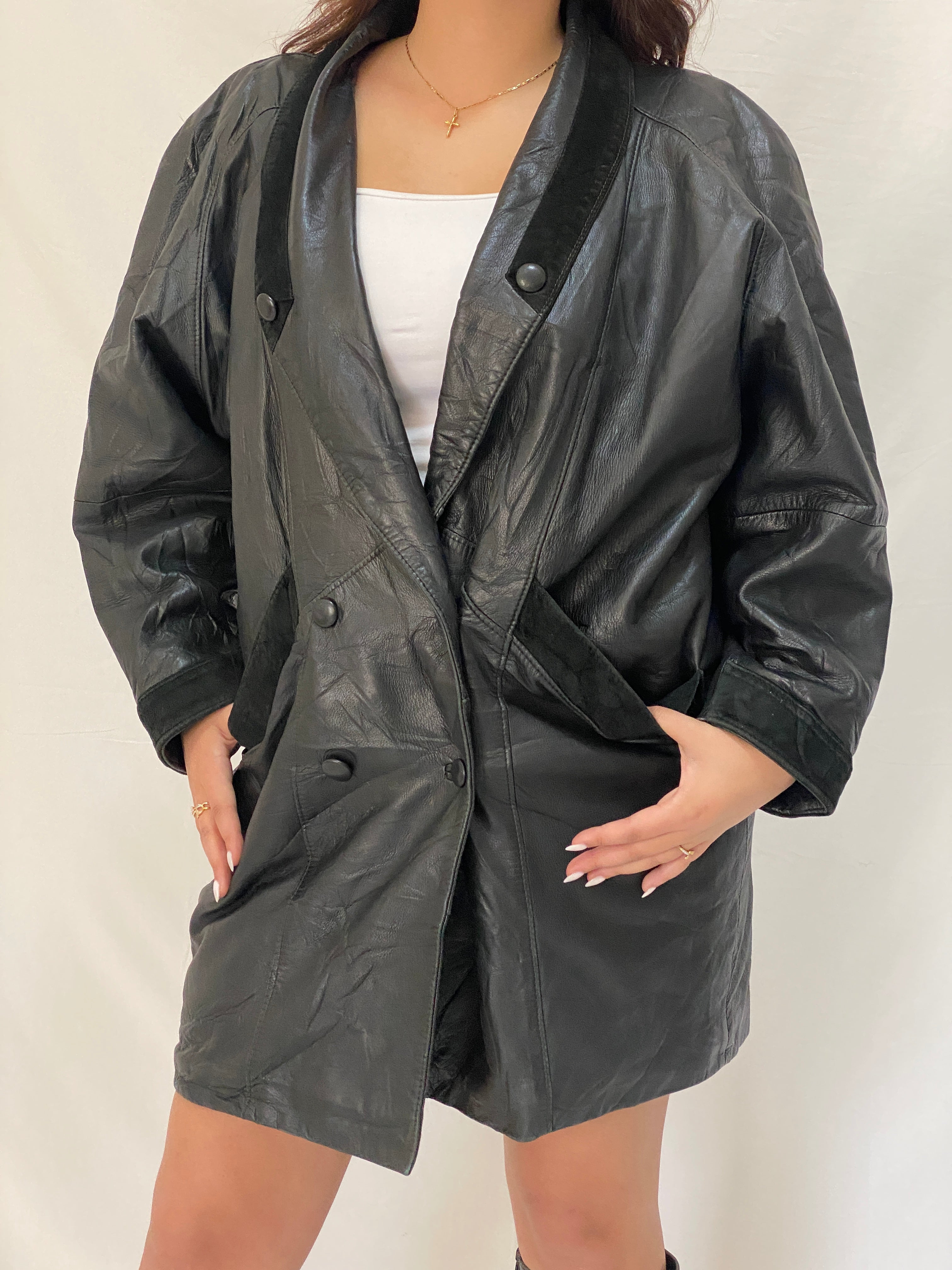 Vintage 80s Lekka’s Leatherwear Genuine Black Leather Oversized Coat - M