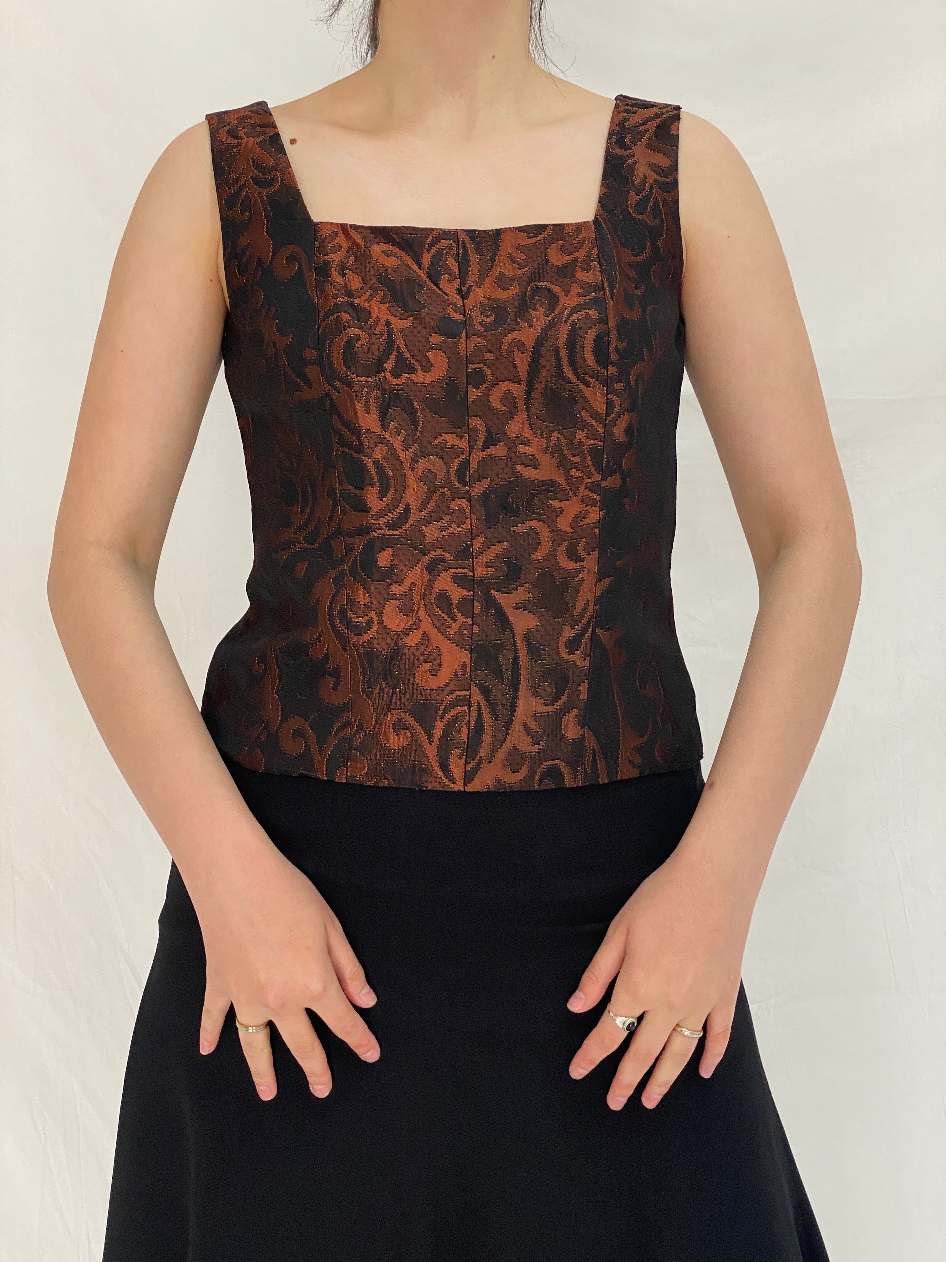 Vintage 90s La Rochelle Metallic Brown Black Brocade Corset Top Structured Bustier - S