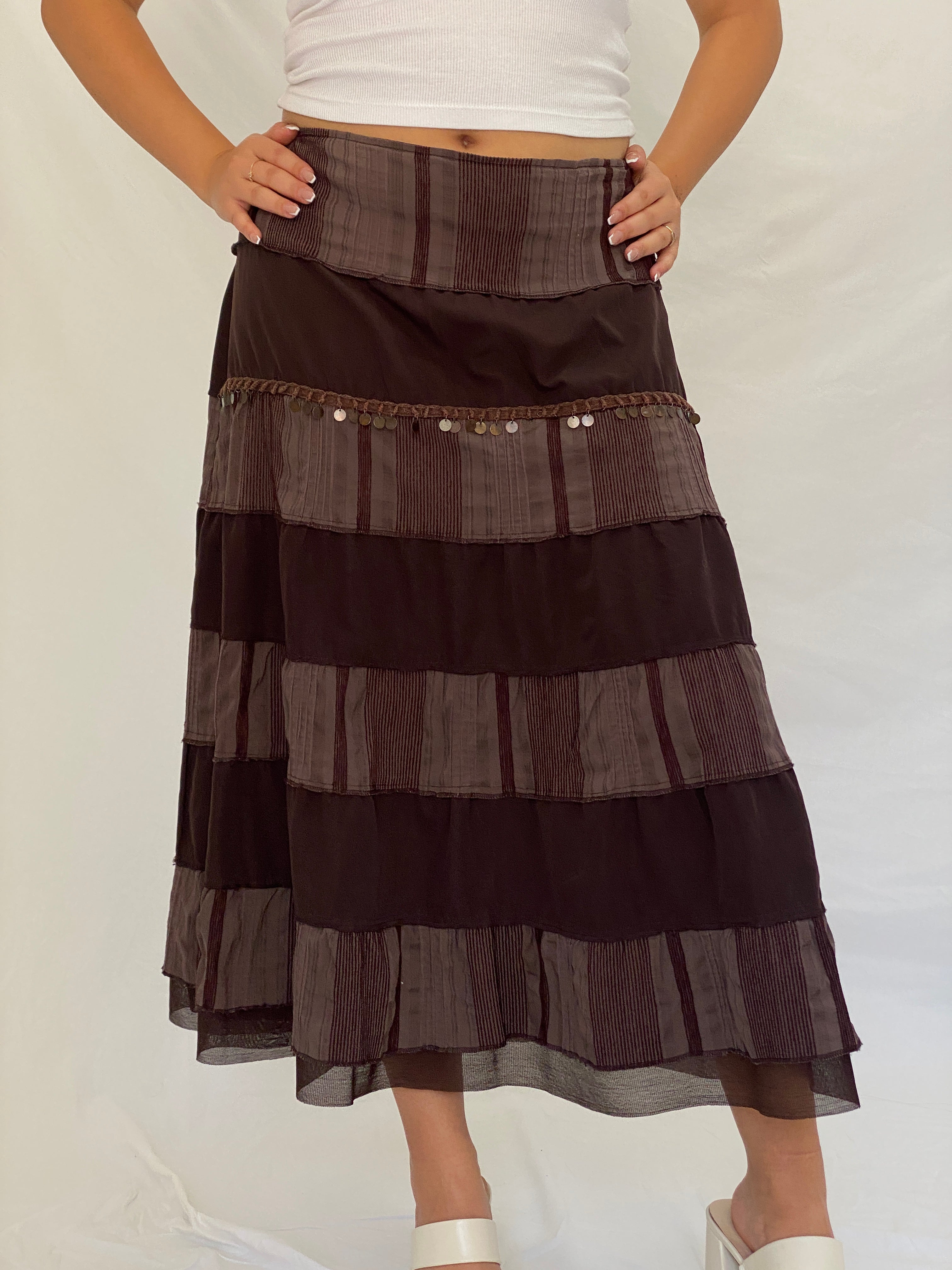 Vintage Y2K Boho CELAiA Brown Tiered Coin Trim Maxi Skirt – XL