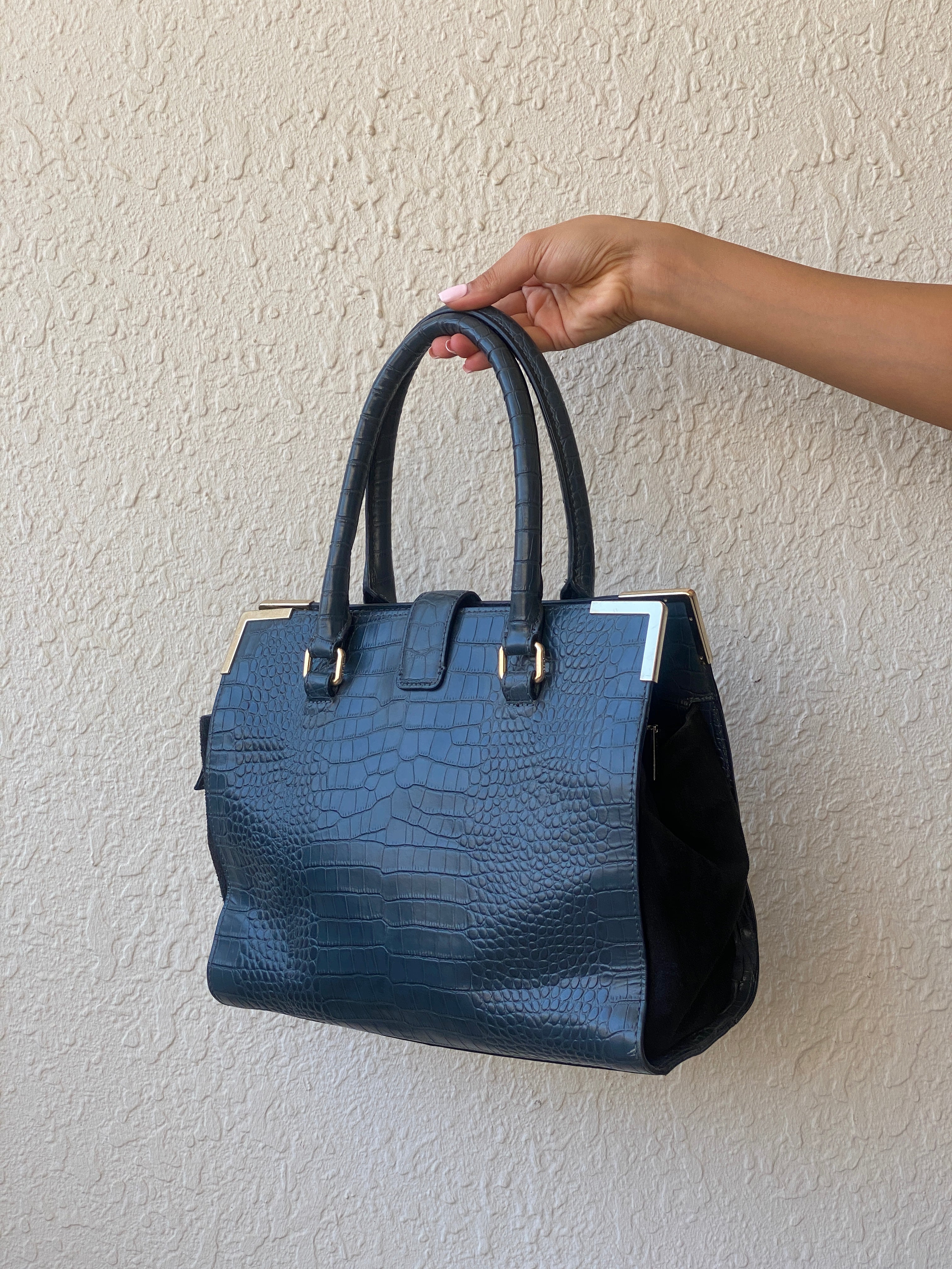 Tommy Hilfiger Navy Croc-Embossed Structured Tote
