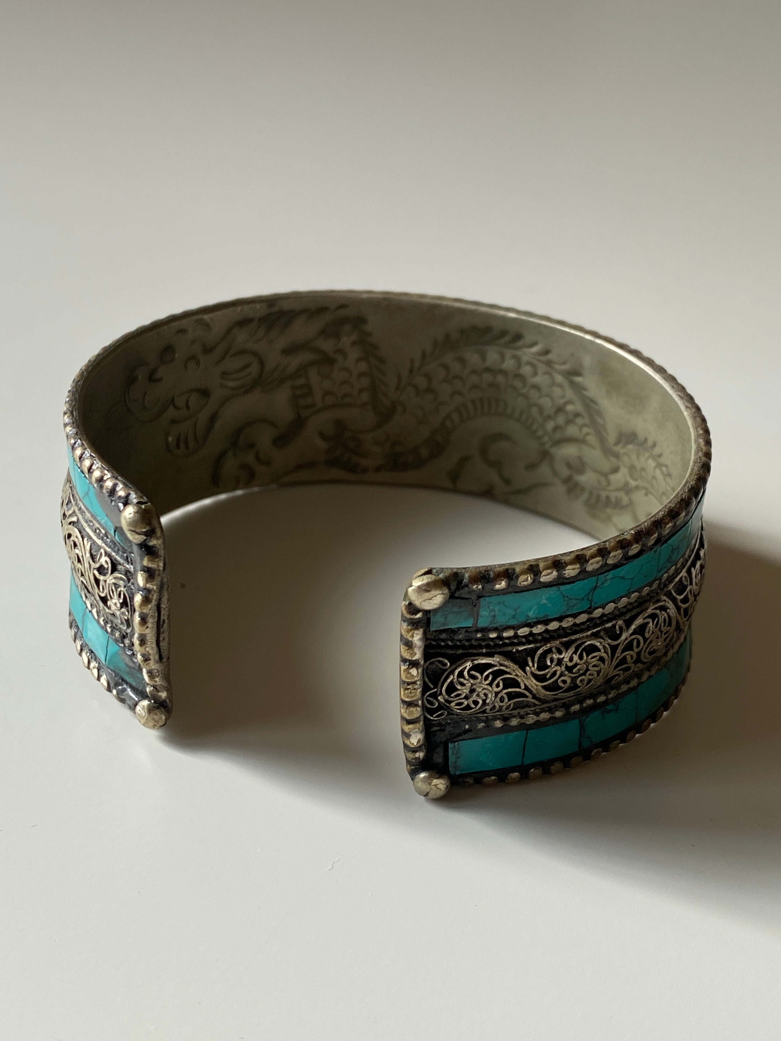 Vintage Tibetan Turquoise Om Cuff Silver Tone Dragon Engraved Bracelet