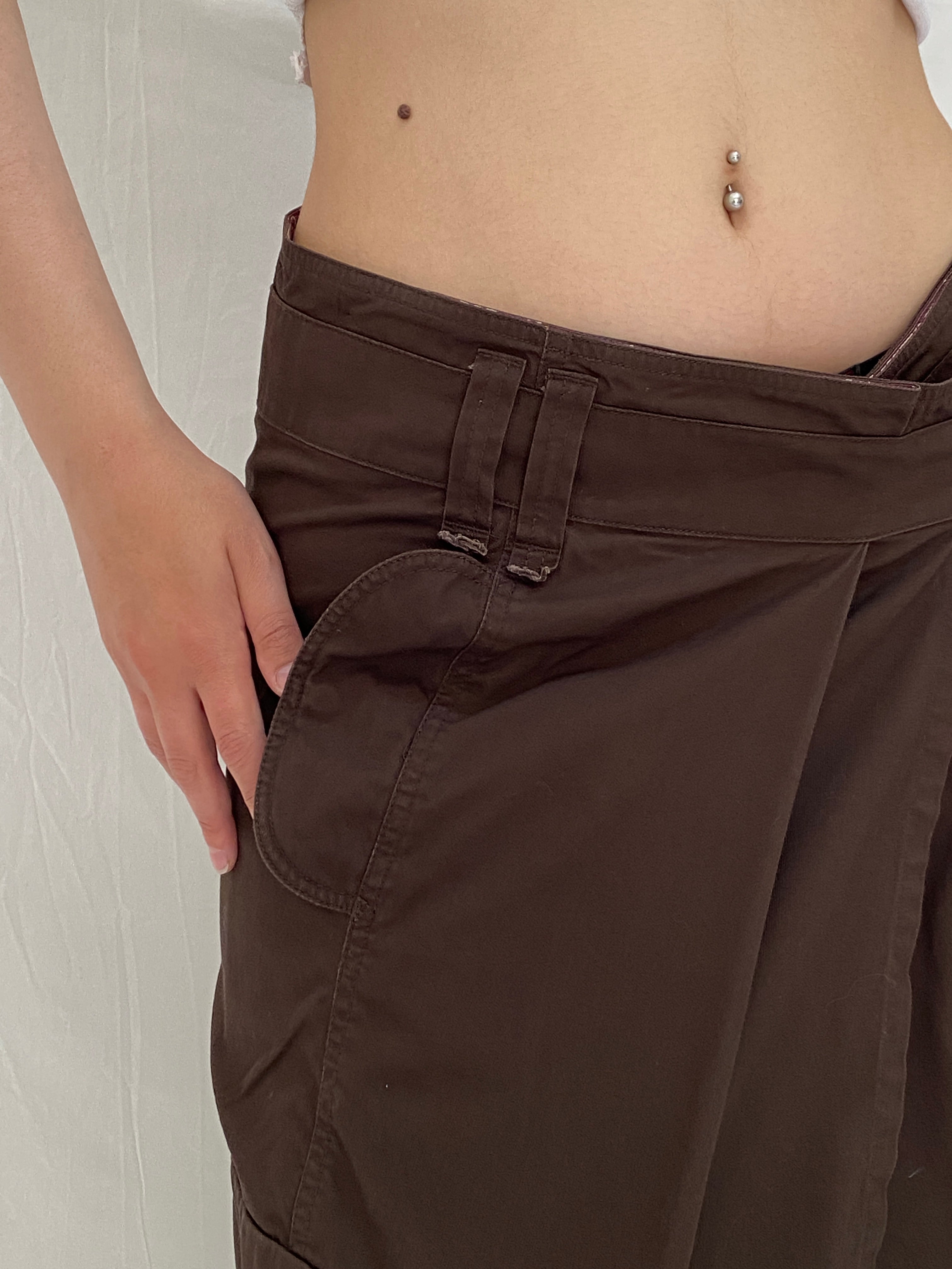 Vintage IKKS Brown Utility Wrap Asymmetric Cargo Midi Skirt – M