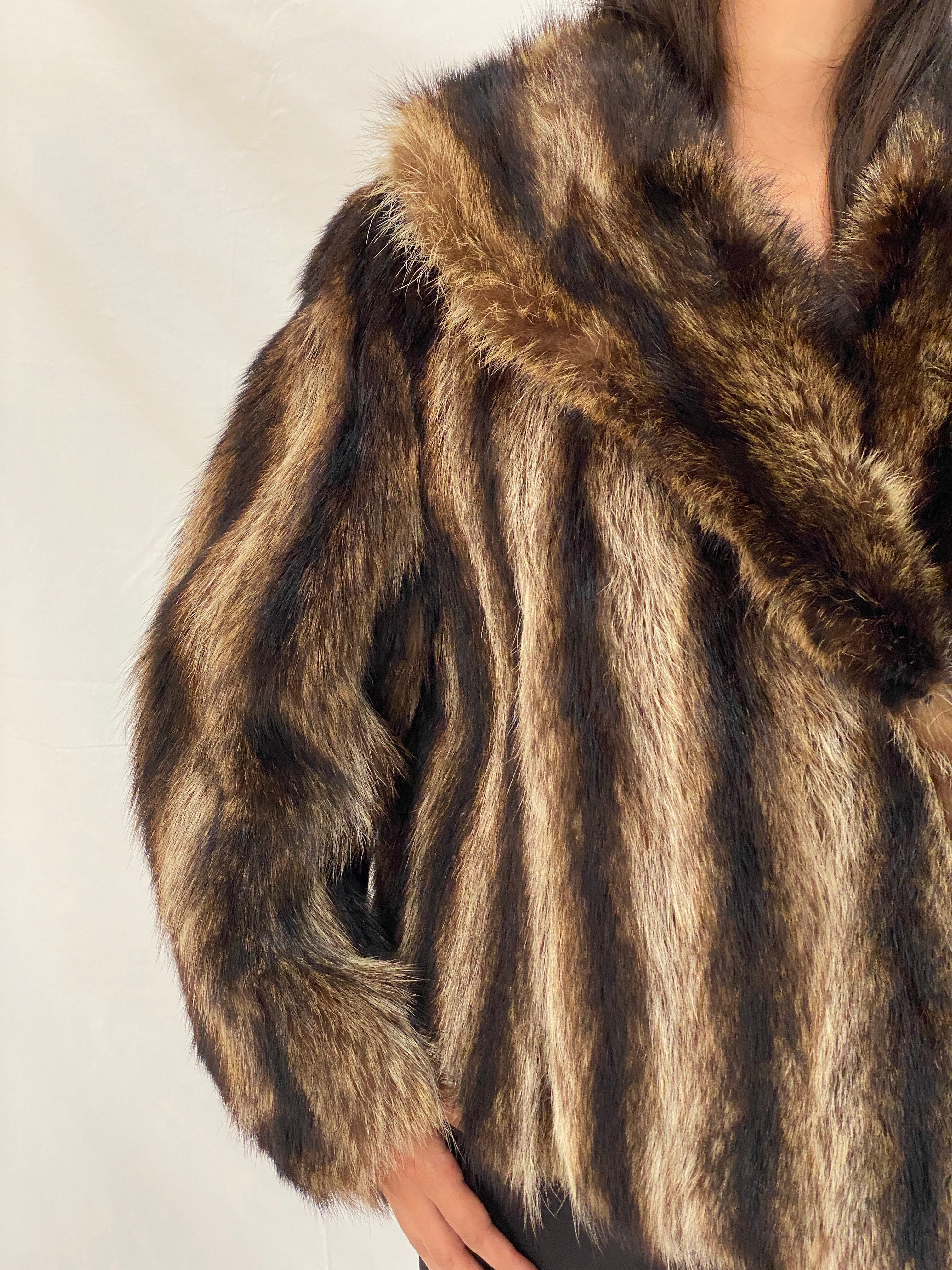 Vintage Striped Brown & Black Real Fur Coat - 70s Glam Winter Statement Jacket - M/L
