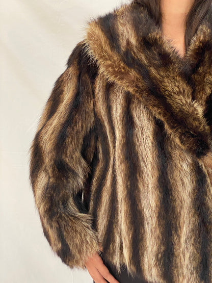 Vintage Striped Brown & Black Real Fur Coat - 70s Glam Winter Statement Jacket - M/L