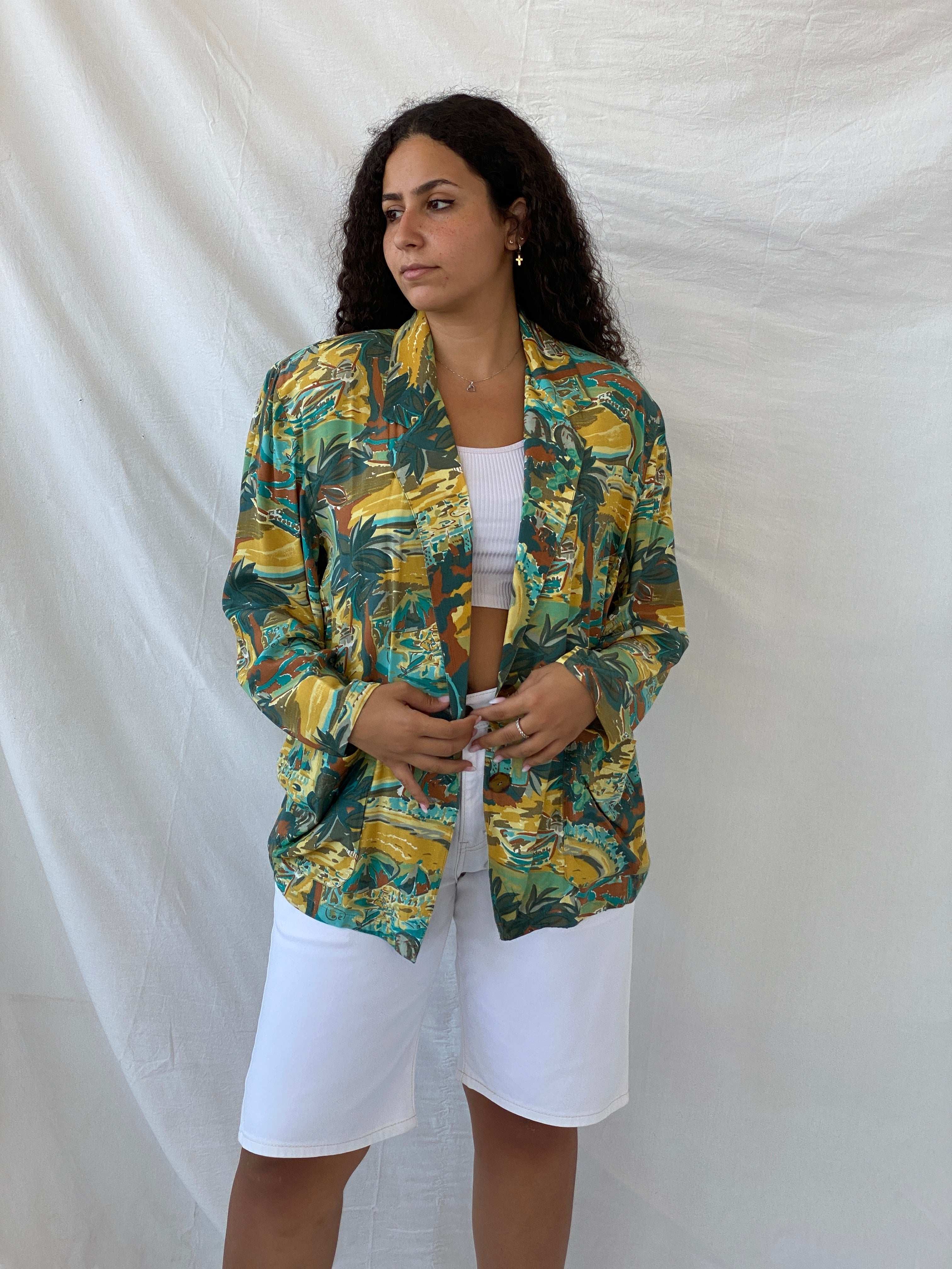 Vintage Handmade Multicolor Afro-Print Green and Yellow Blazer - L - Balagan Vintage Half Sleeve Blazer 00s, 90s, Afro print, blazer, Dina, full sleeve blazer, mesh, mesh top, NEW IN